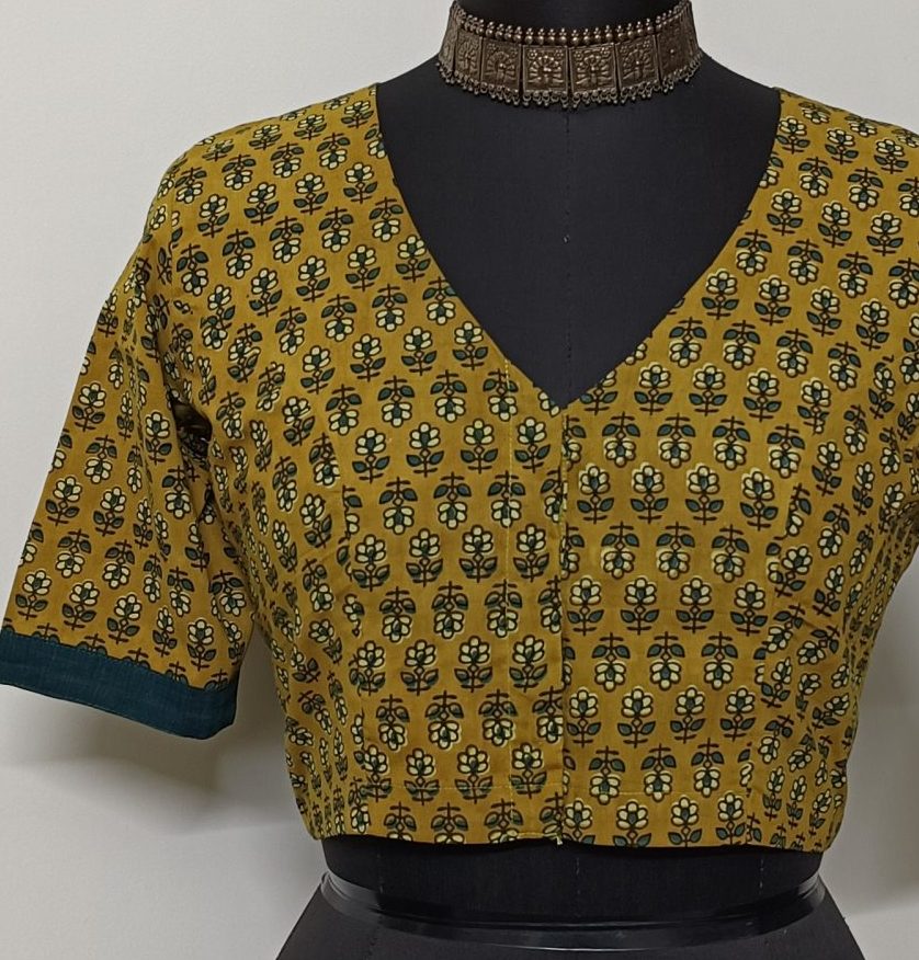 mustard yellow ajrakh blouse with motifs