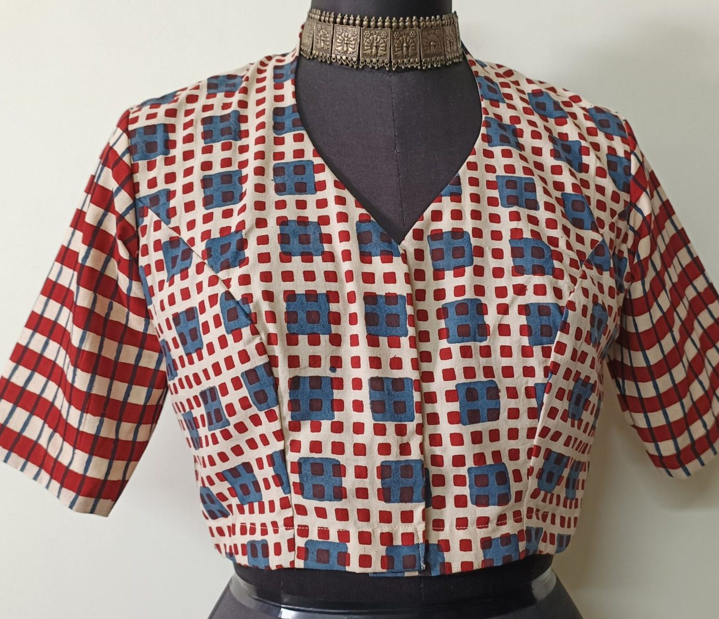 beige maroon checks ajrakh print blouse