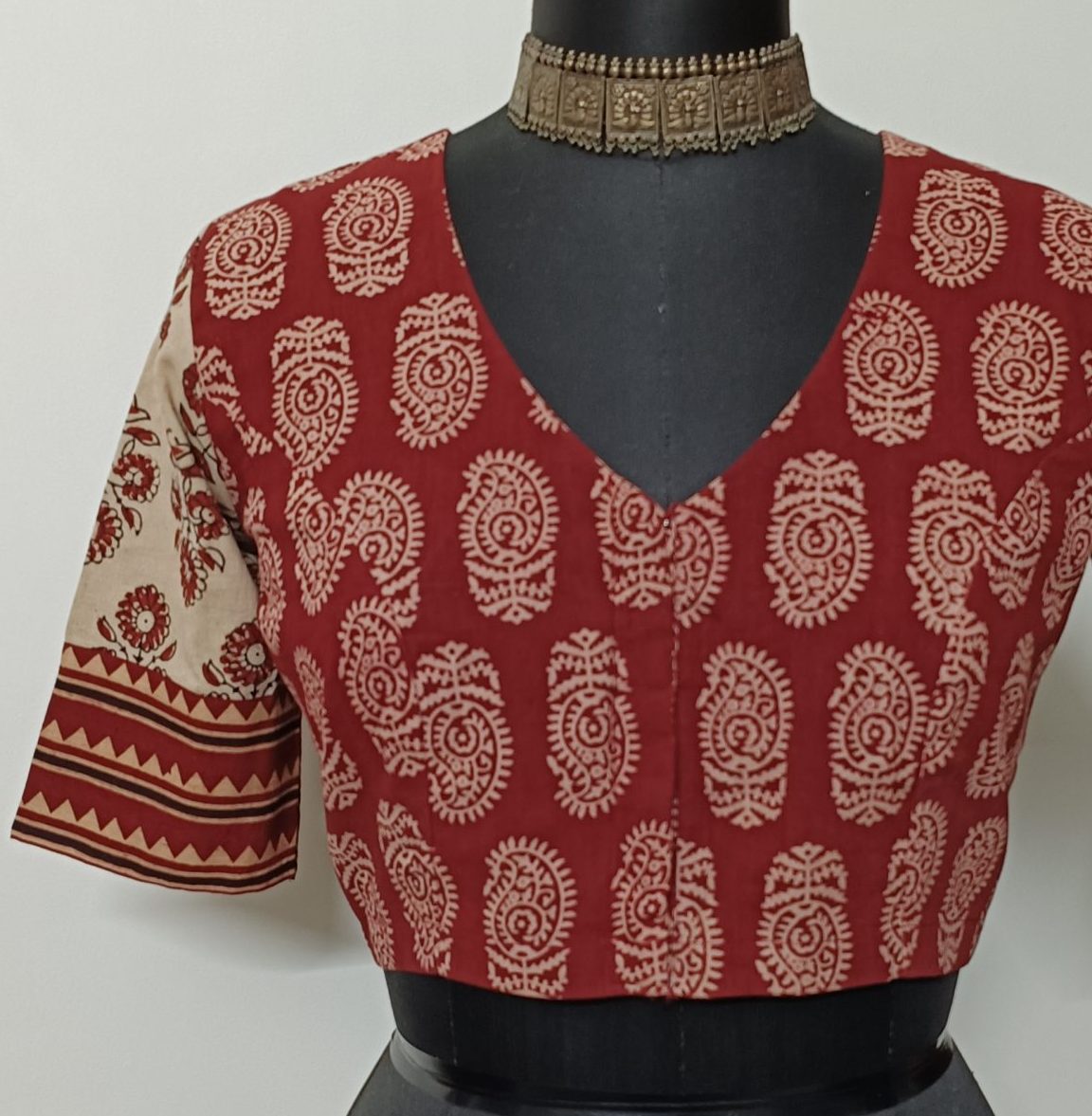 madder colour gamathi blouse with beige sleeves