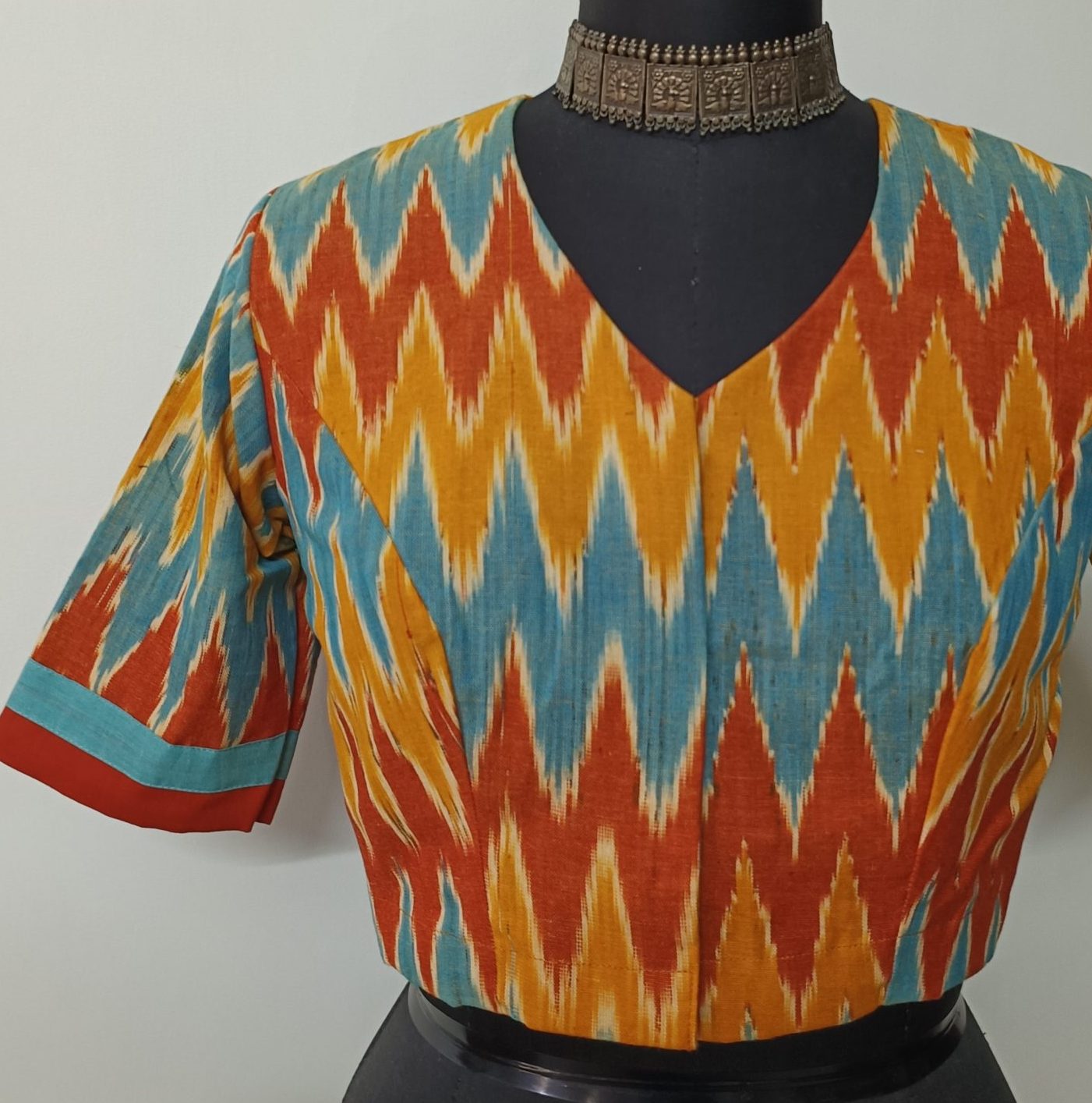 mustard yellow rust blue ikat blouse