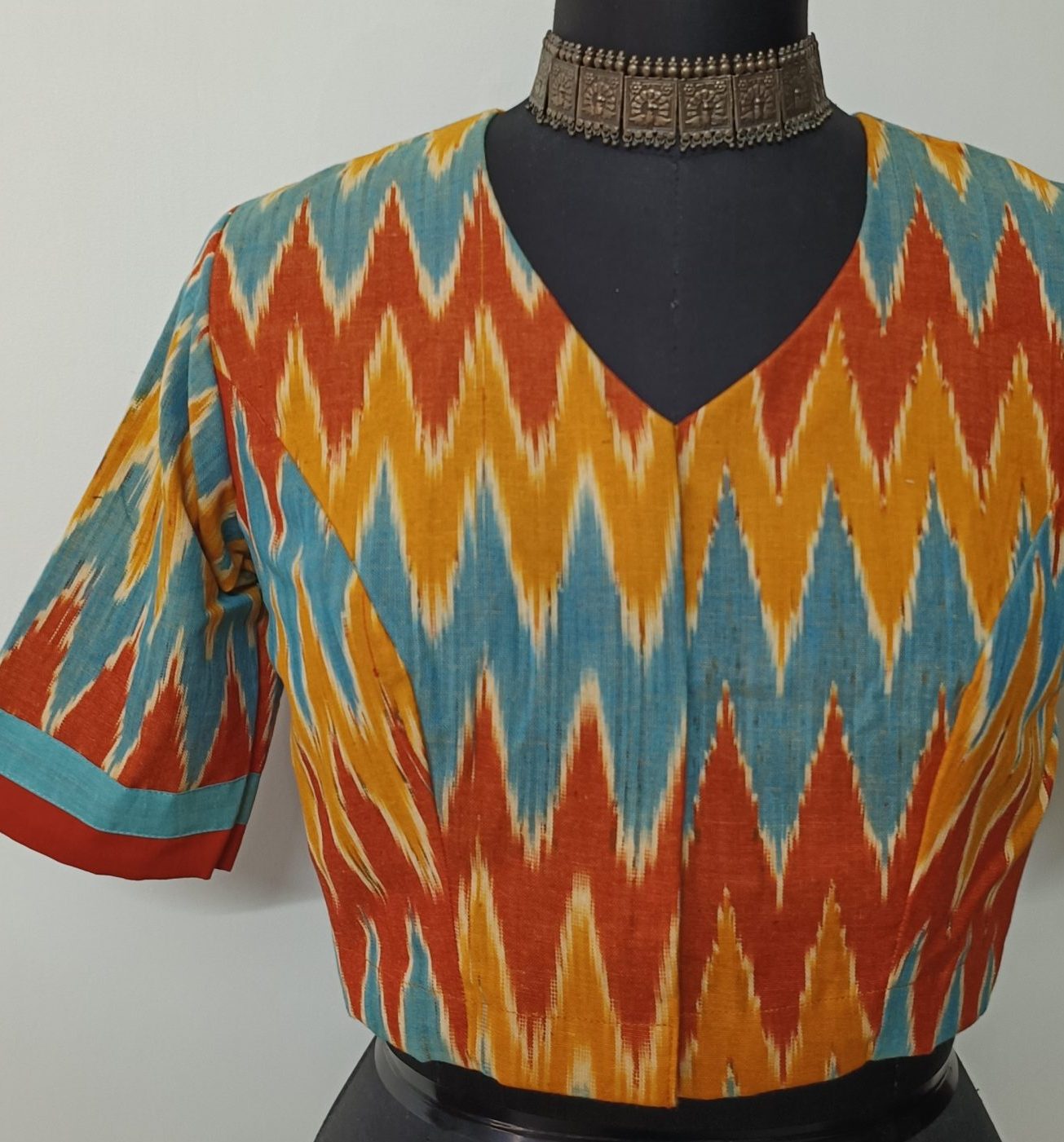 mustard yellow rust blue ikat blouse