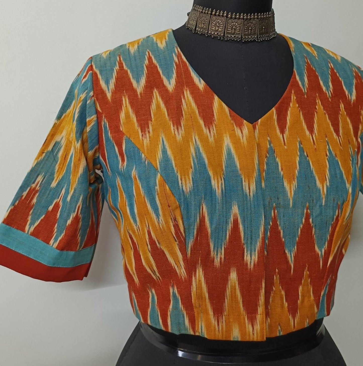 mustard yellow rust blue ikat blouse