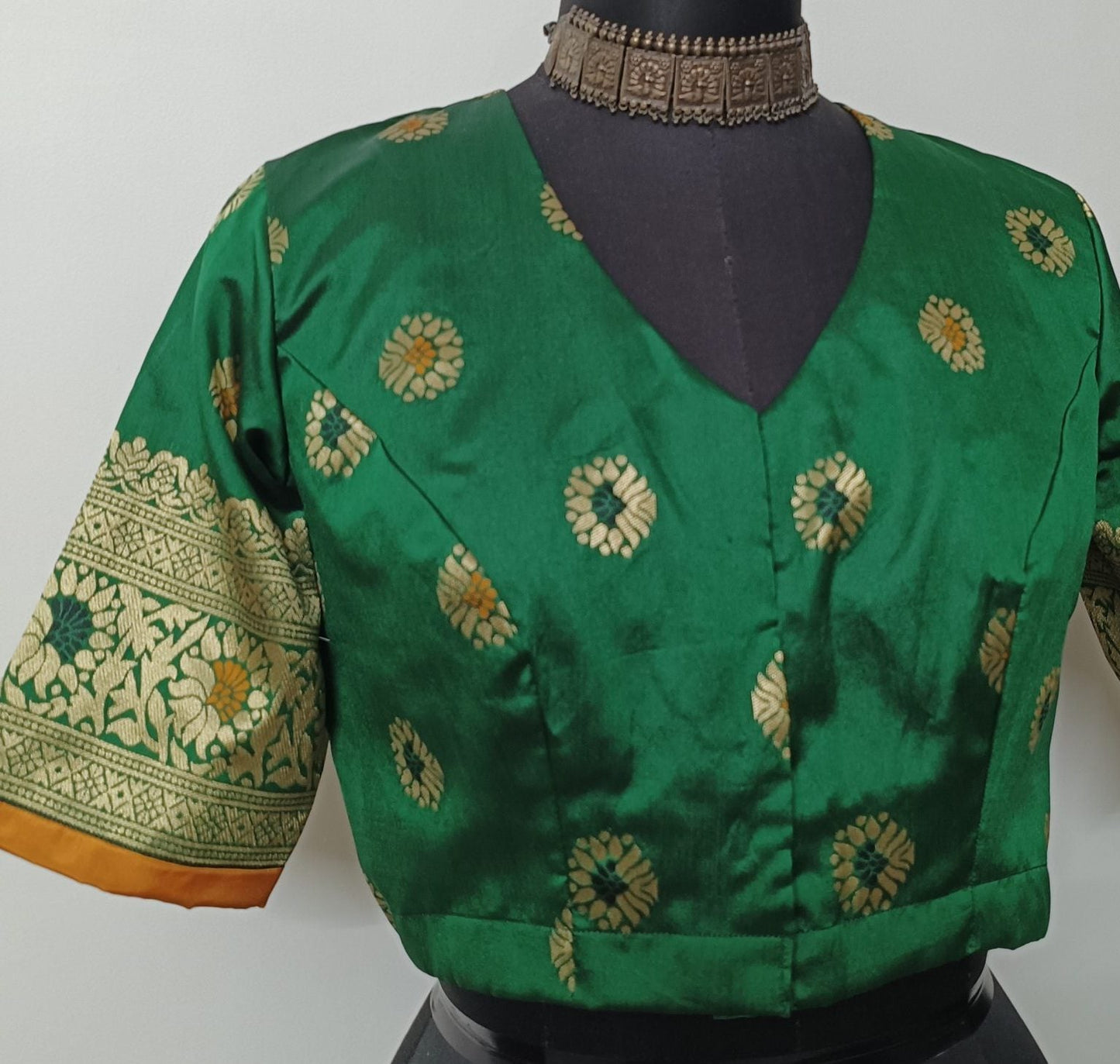 Green semi silk blouse with brocade border