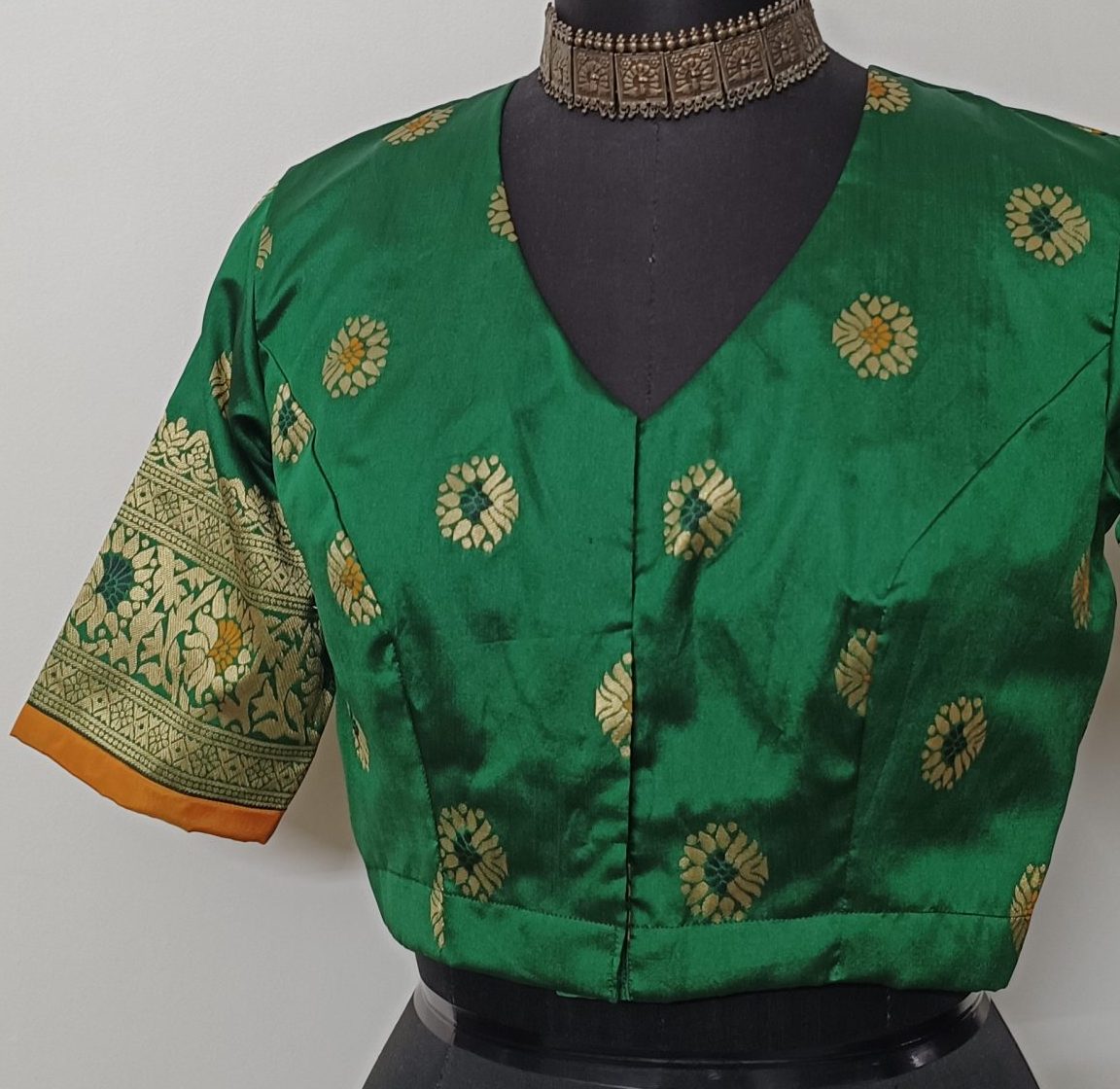 Green semi silk blouse with brocade border