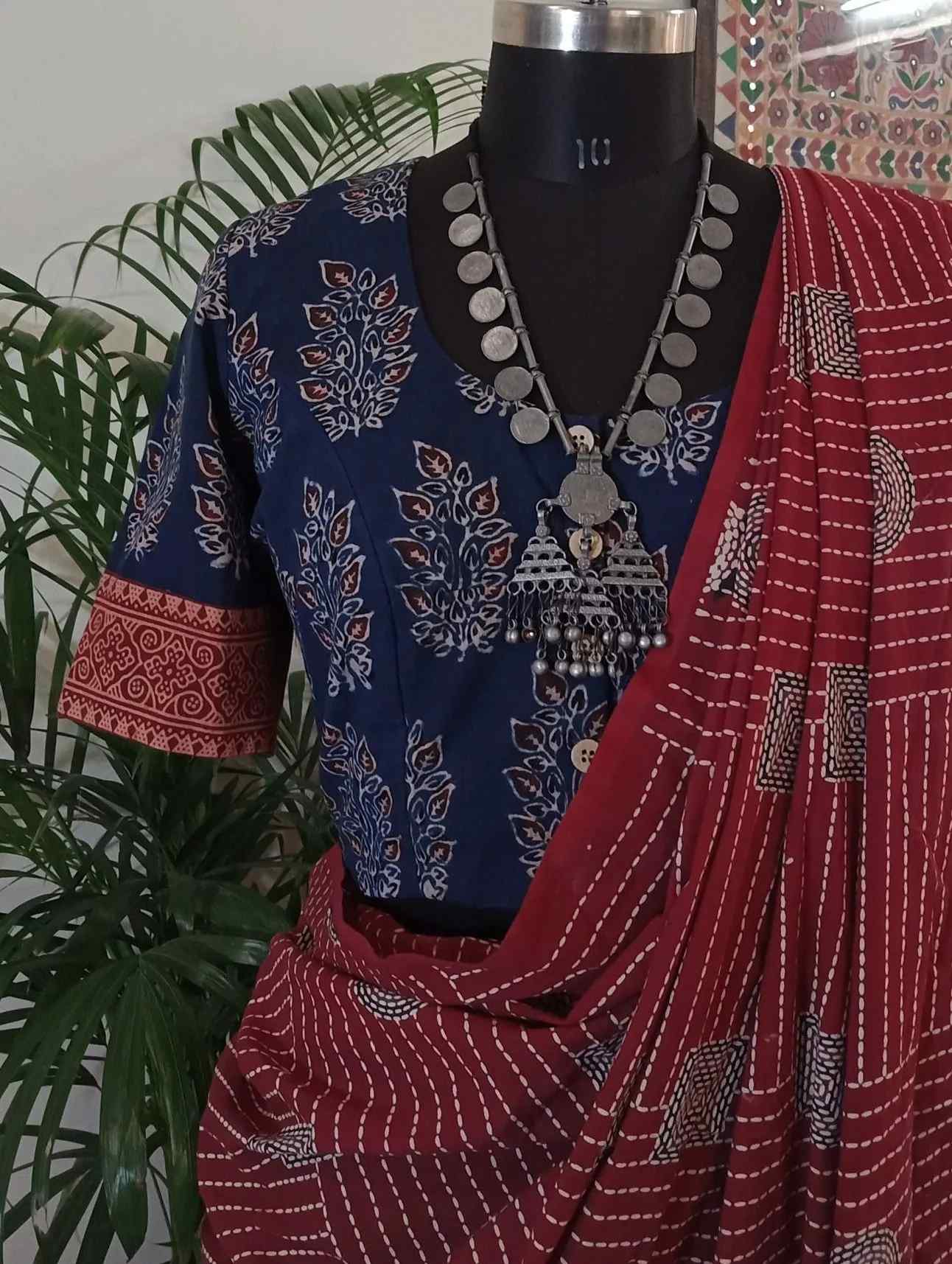 Indigo Blouse with Maroon Motifs