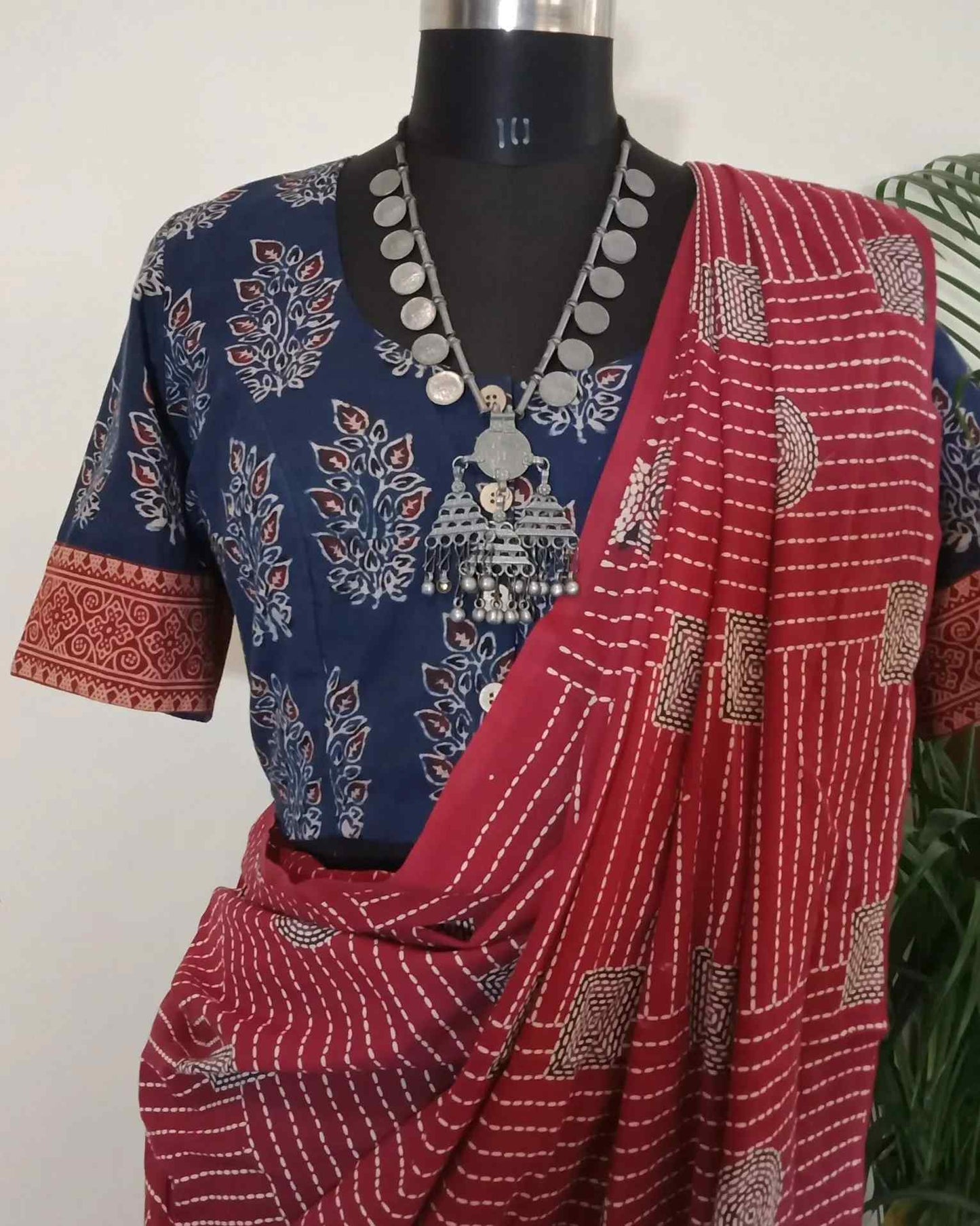 Indigo Blouse with Maroon Motifs