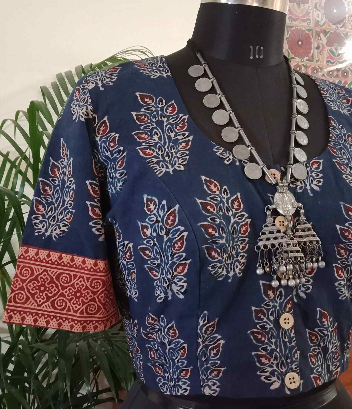 Indigo Blouse with Maroon Motifs