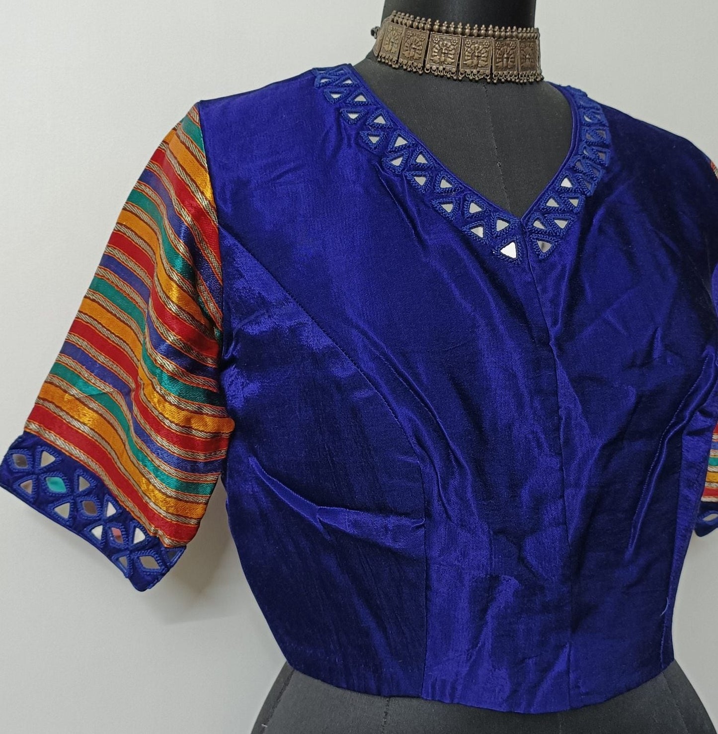 Ink Blue Gaji silk Mirrorwork Blouse with Mulicoloured Sleeves