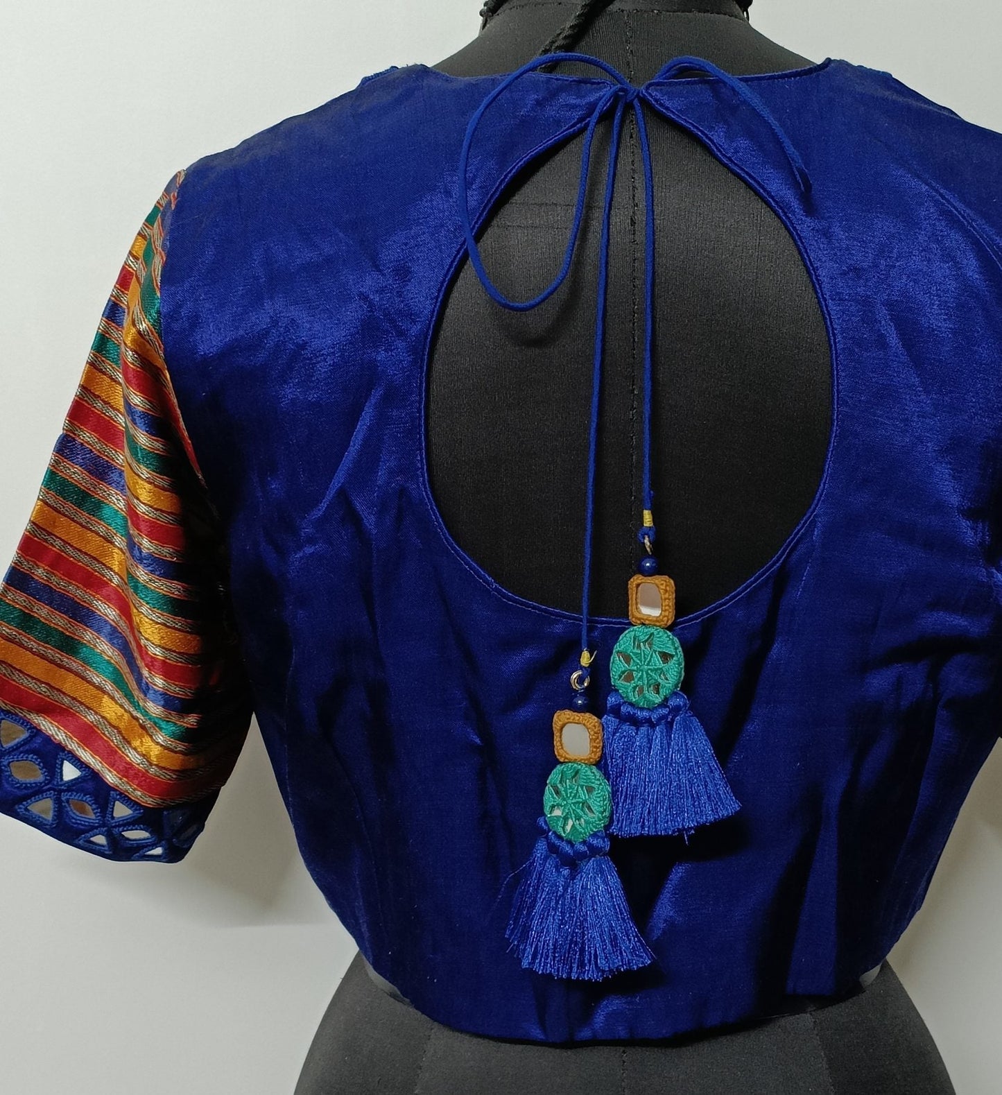 Ink Blue Gaji silk Mirrorwork Blouse with Mulicoloured Sleeves