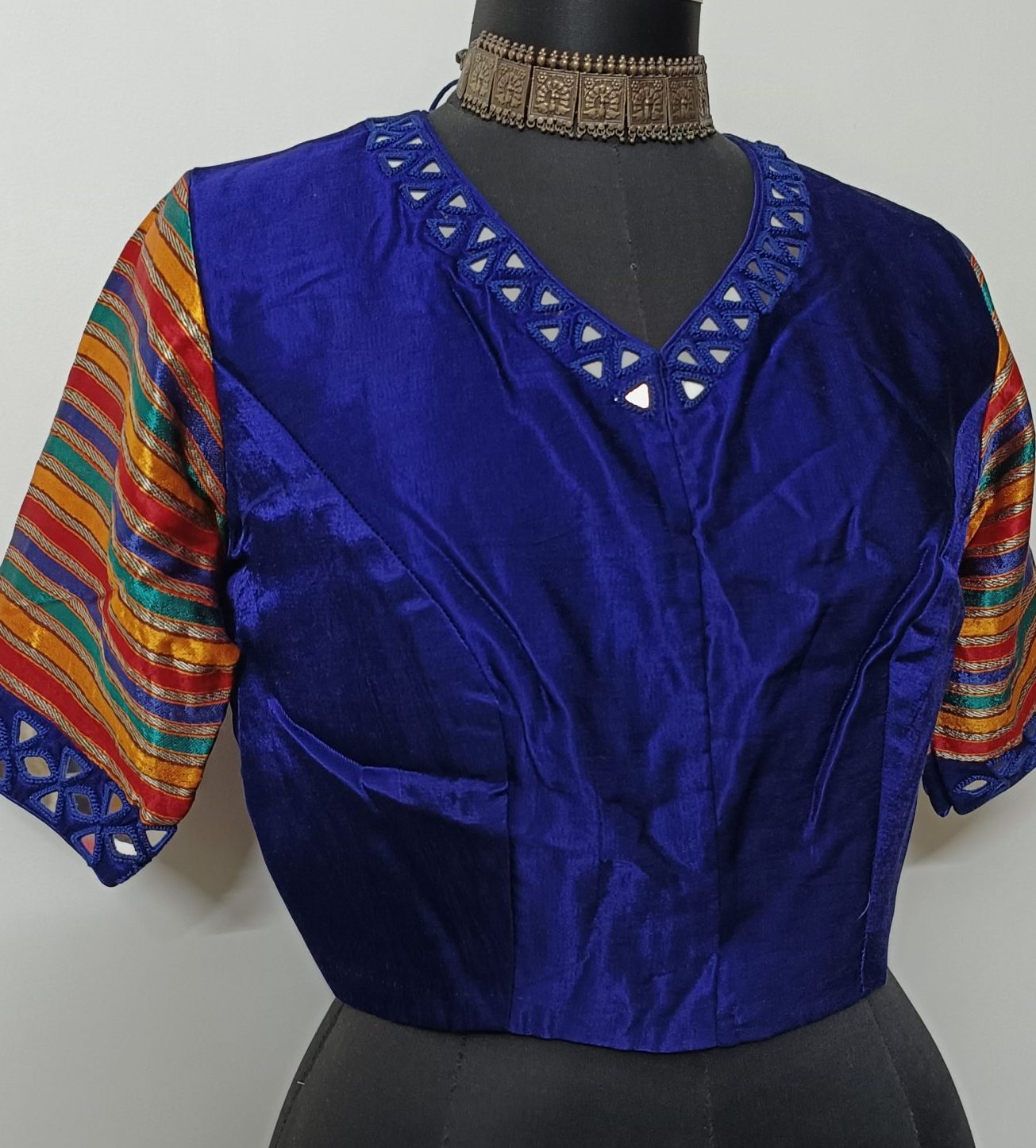 Ink Blue Gaji silk Mirrorwork Blouse with Mulicoloured Sleeves