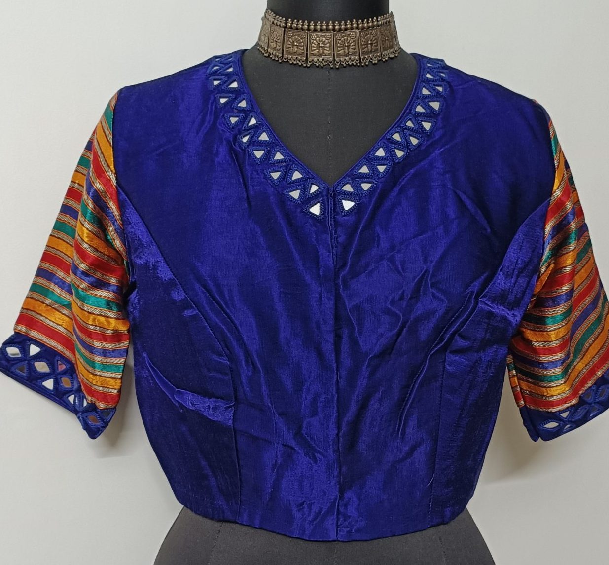 Ink Blue Gaji silk Mirrorwork Blouse with Mulicoloured Sleeves