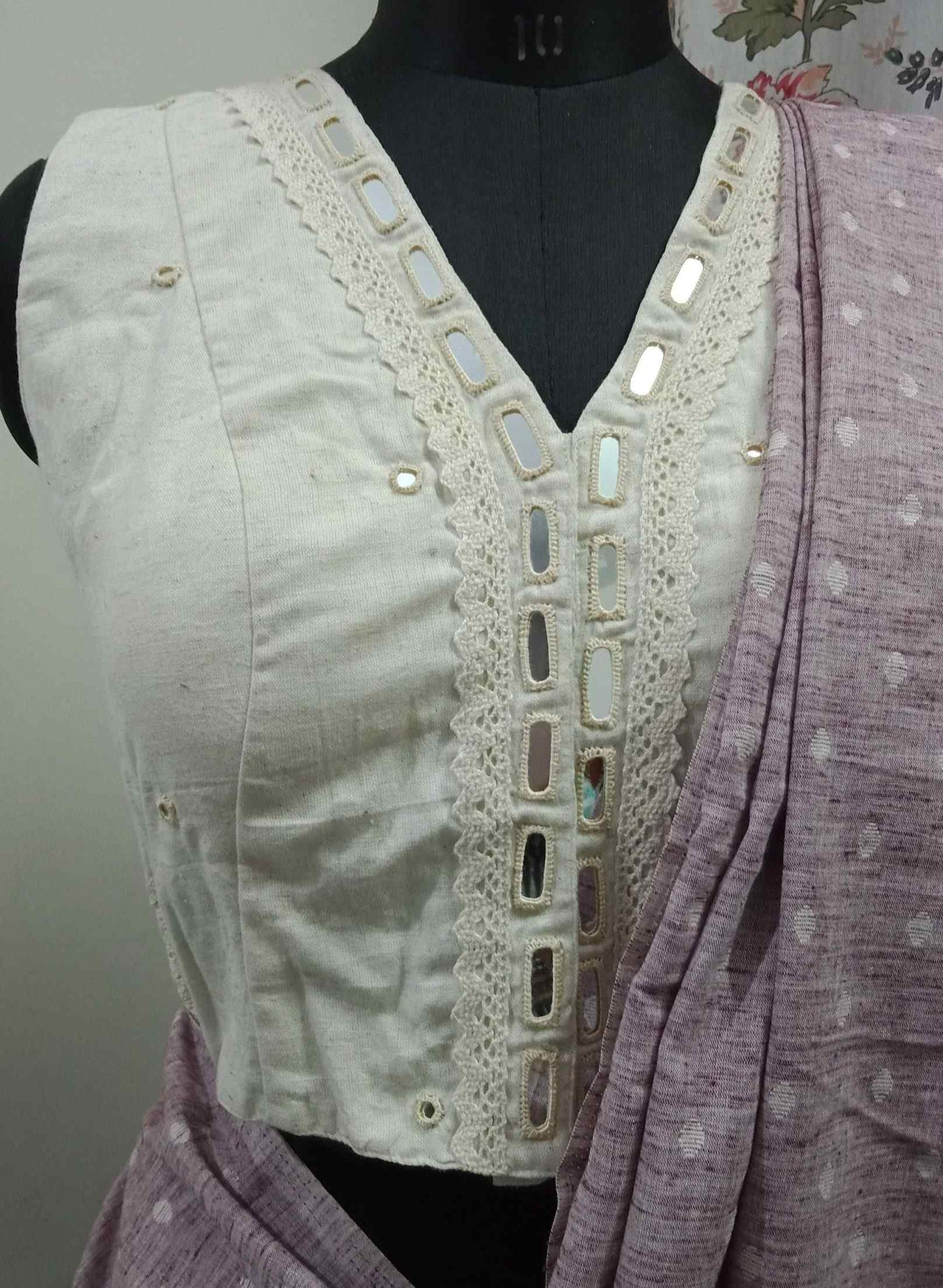 Ivory Blouse with Mirror Work-Lace