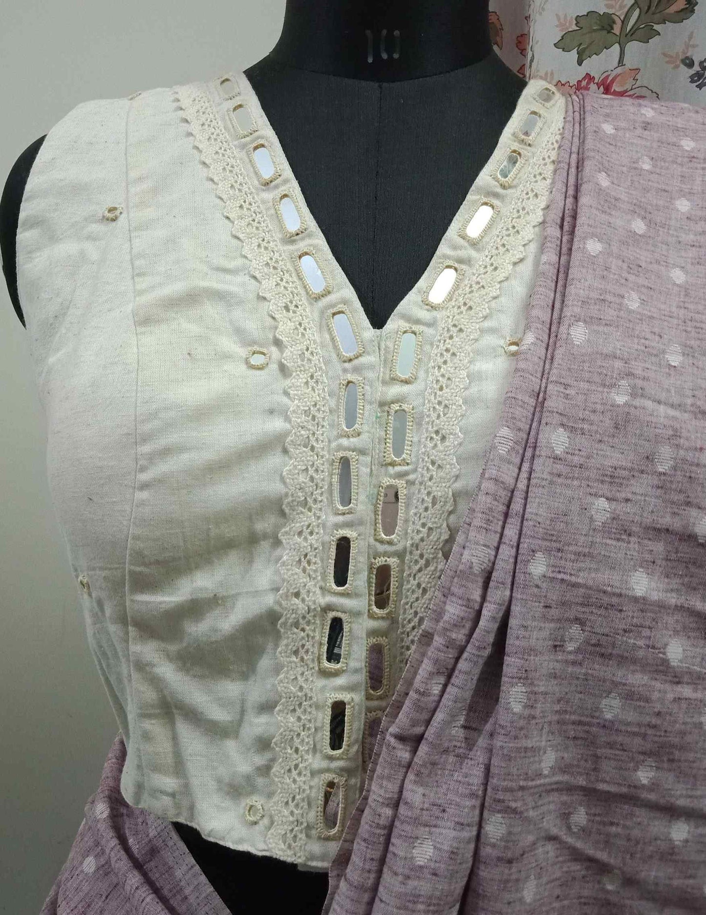 Ivory Blouse with Mirror Work-Lace