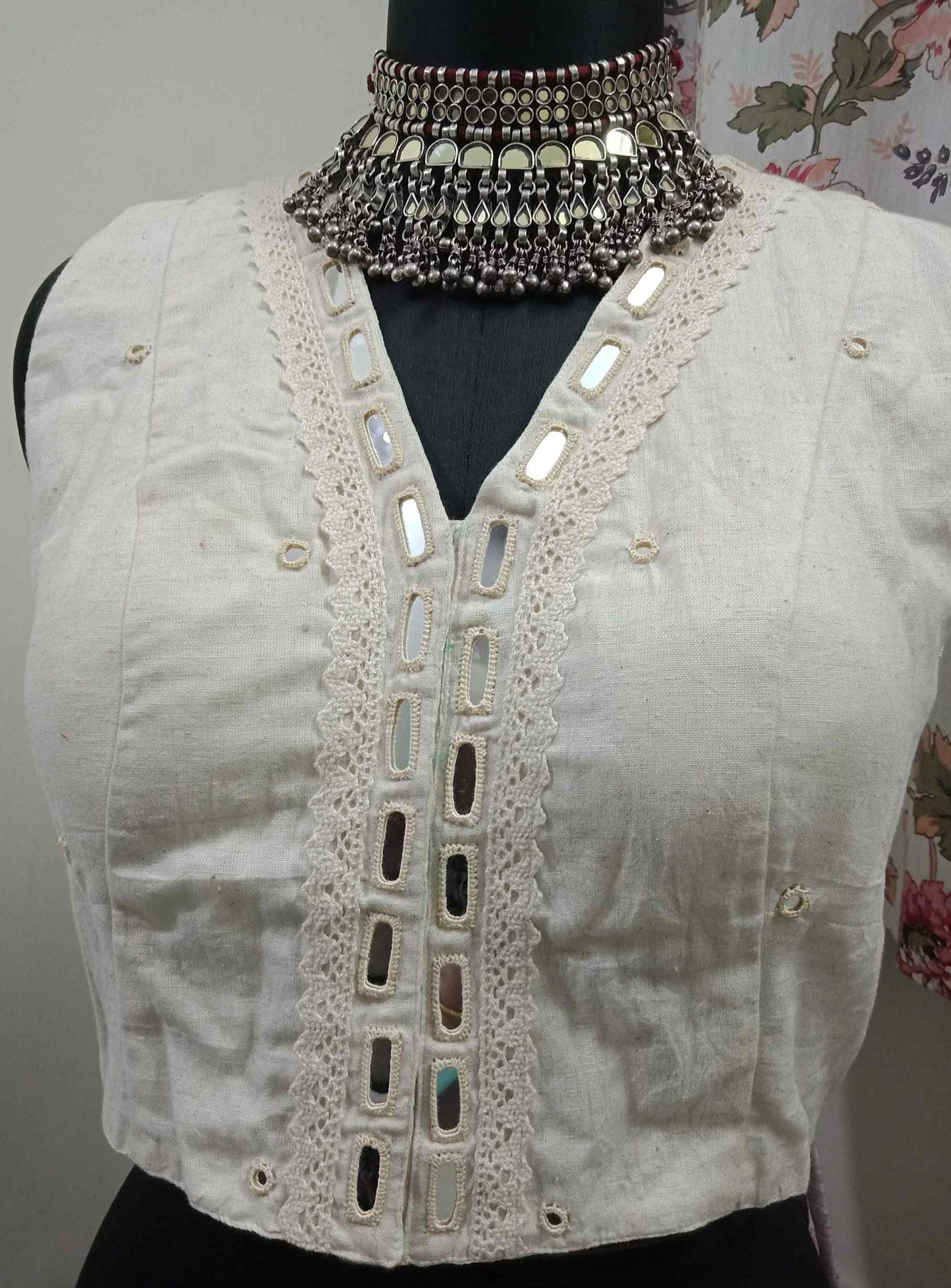 Ivory Blouse with Mirror Work-Lace