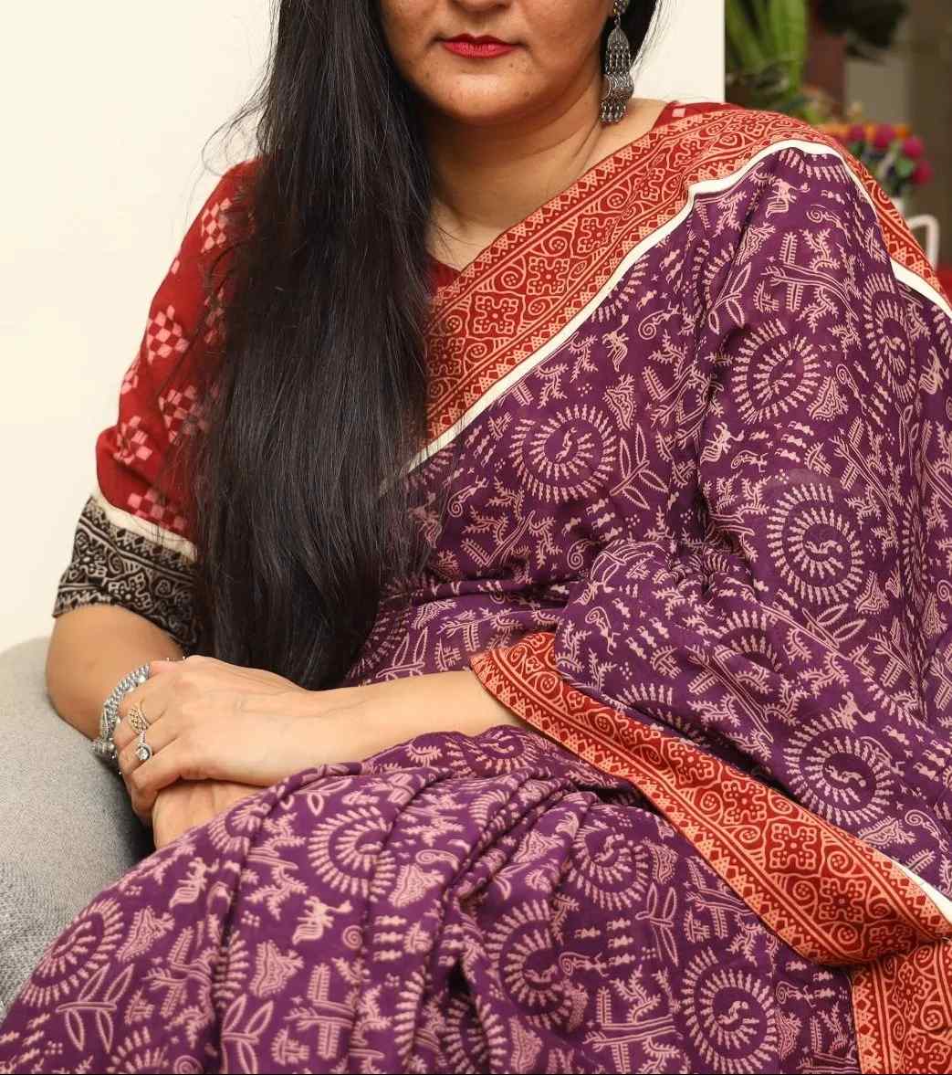Magenta Warli Hand Block Print Mulmul Saree