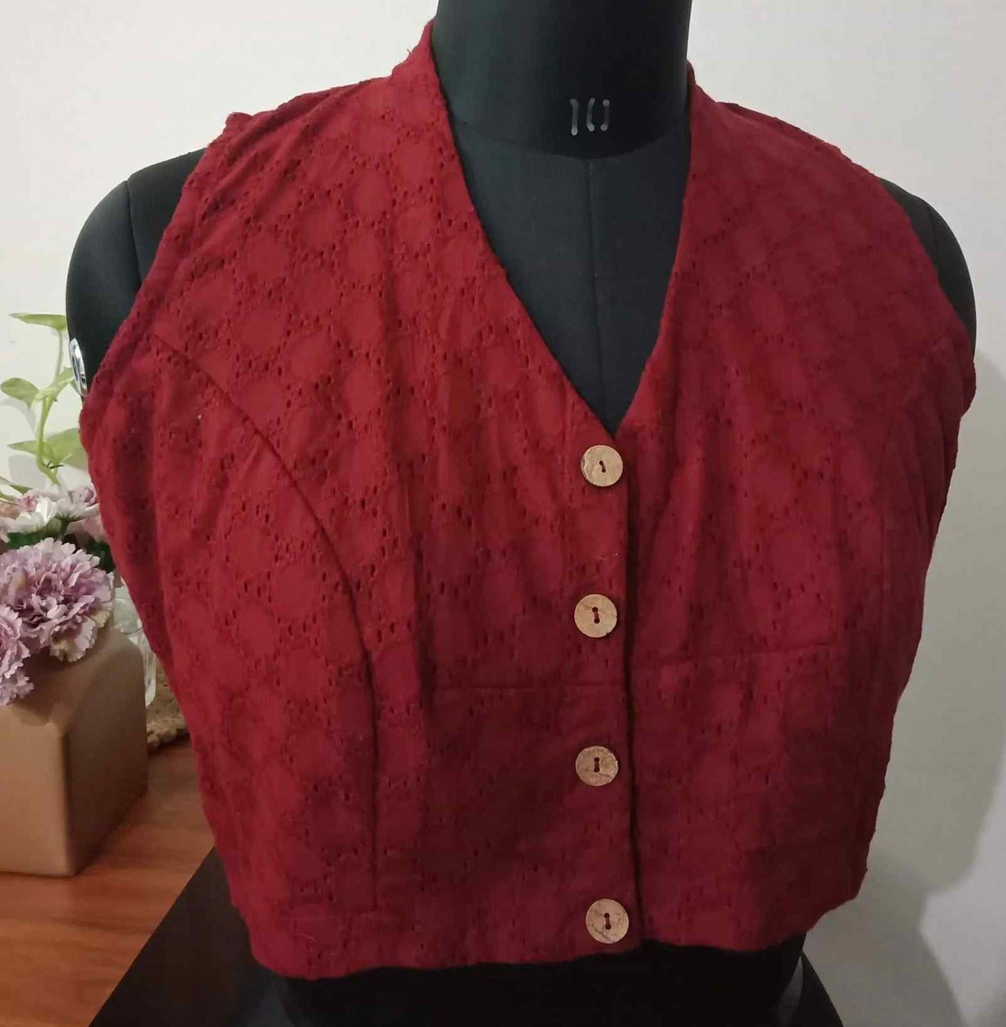 Maroon Cut Work Sleeveless Blouse