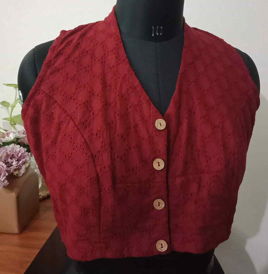 Maroon Cut Work Sleeveless Blouse