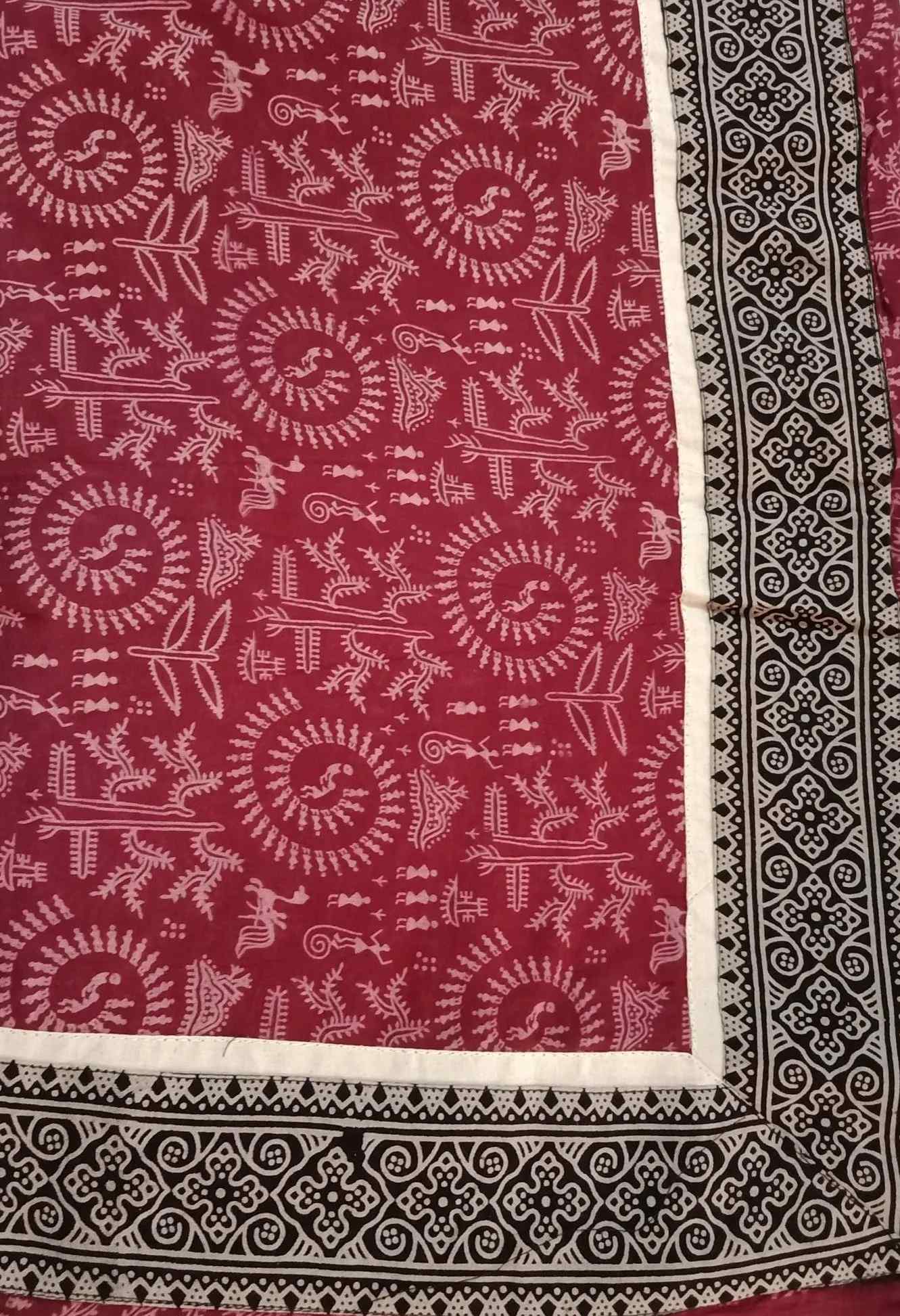 Maroon Warli Hand Block Print Mulmul Saree