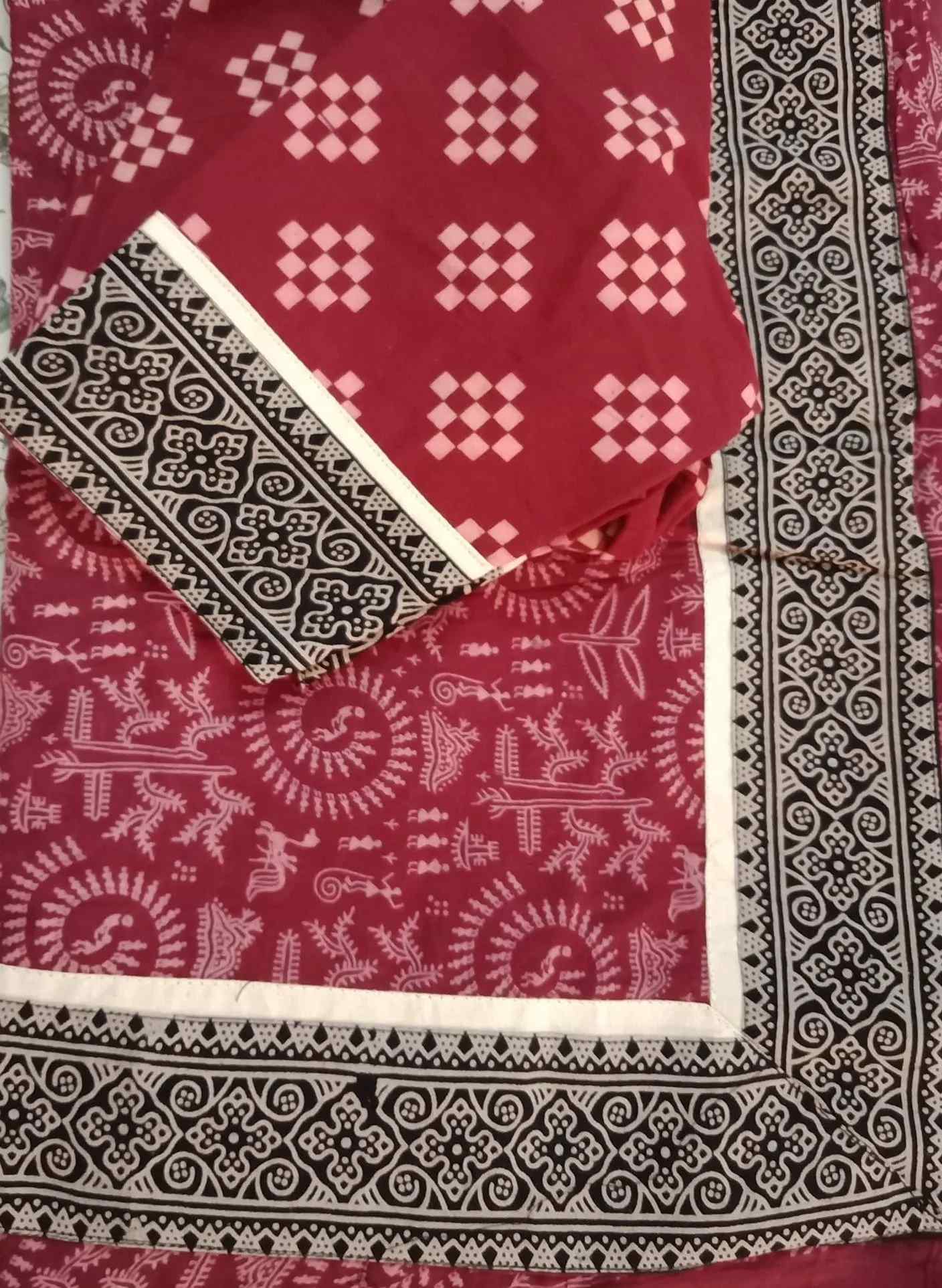 Maroon Warli Hand Block Print Mulmul Saree