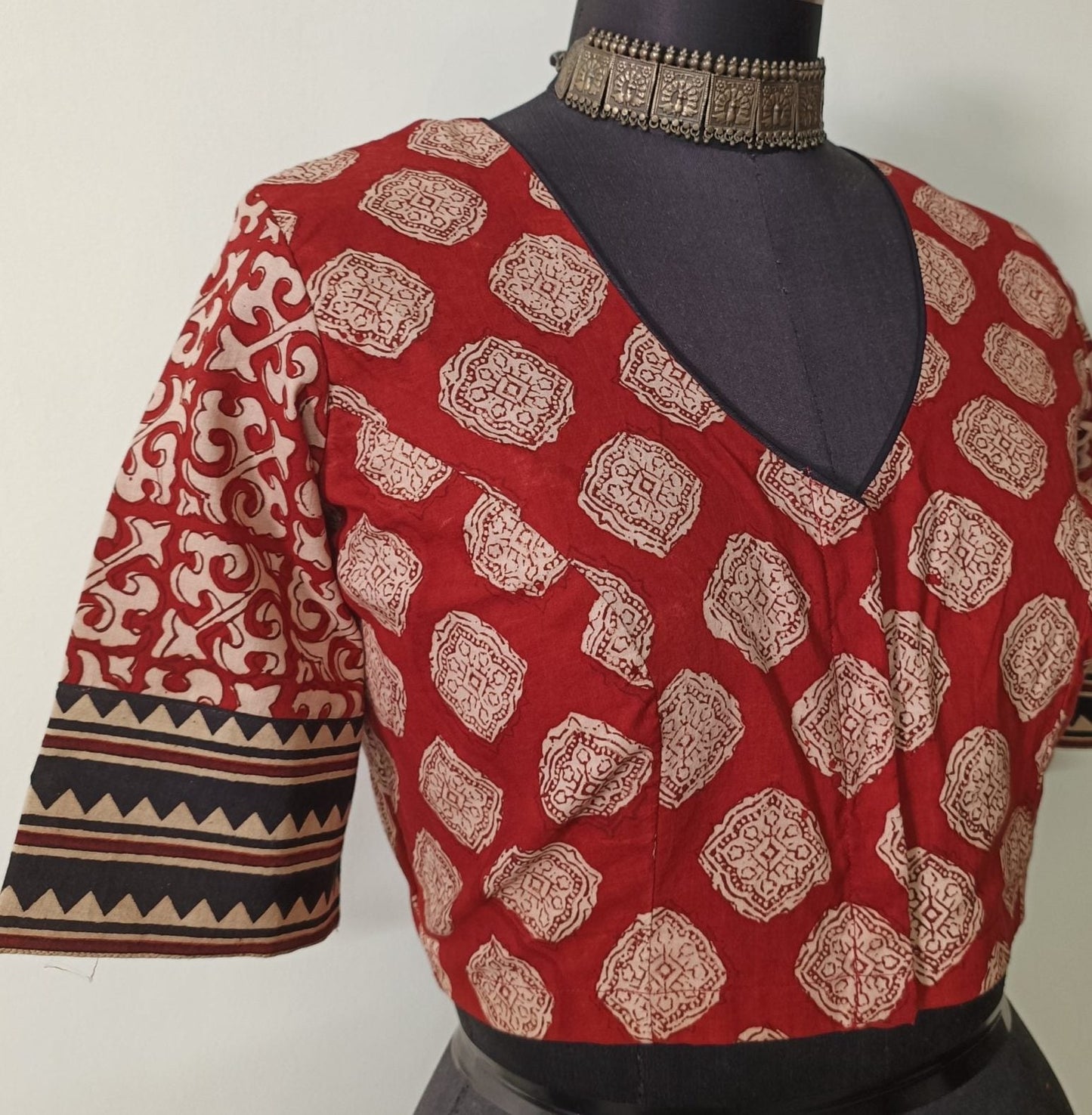 Maroon Dabu Print Blouse with Maroon Patchwork Sleeves