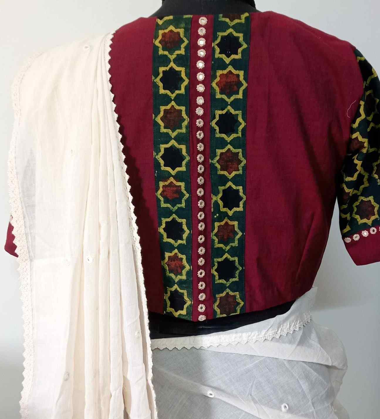 Marron Green Mughal Print Ajrakh Mirrorwork Blouse