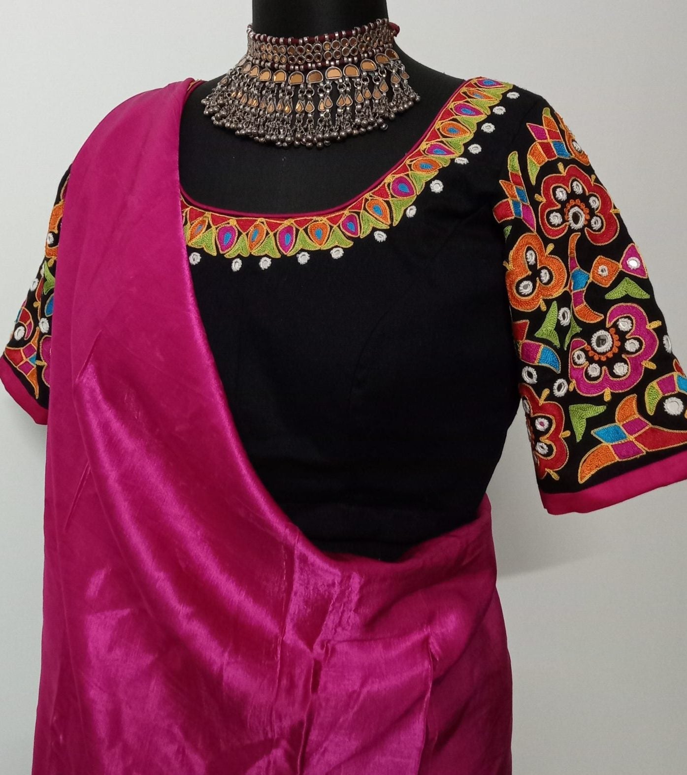 Multicoloured Embroidered Black Mirror work Blouse