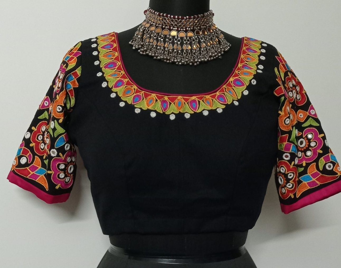 Multicoloured Embroidered Black Mirror work Blouse
