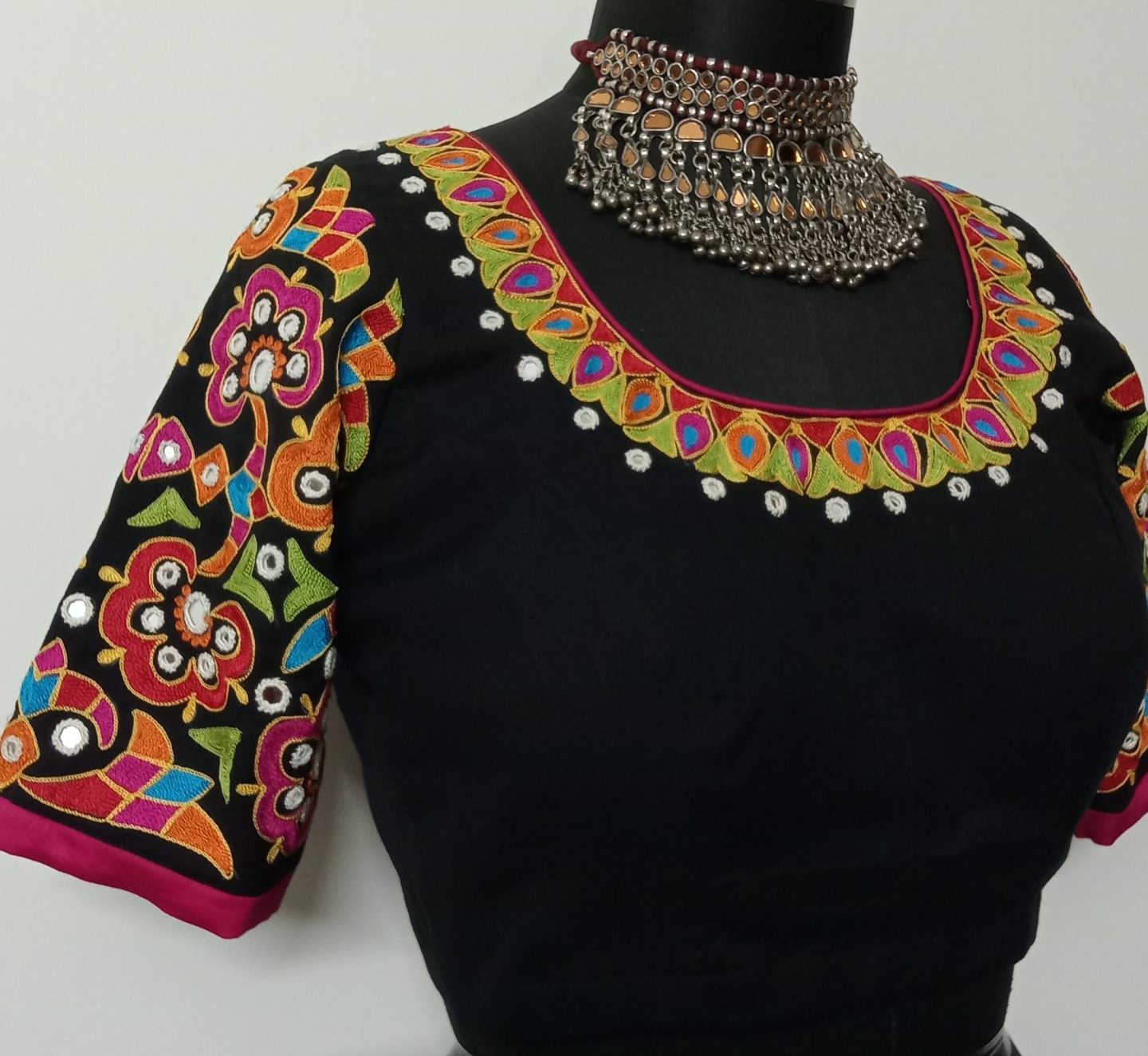 Multicoloured Embroidered Black Mirror work Blouse