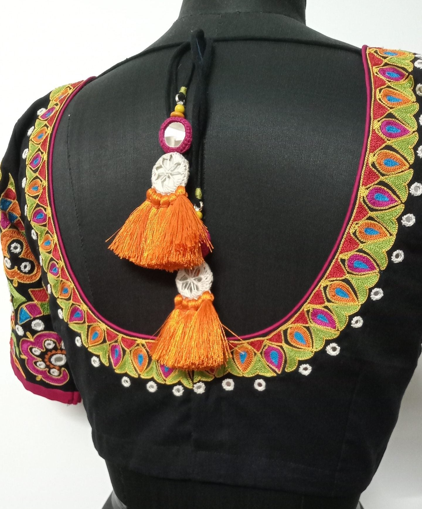 Multicoloured Embroidered Black Mirror work Blouse