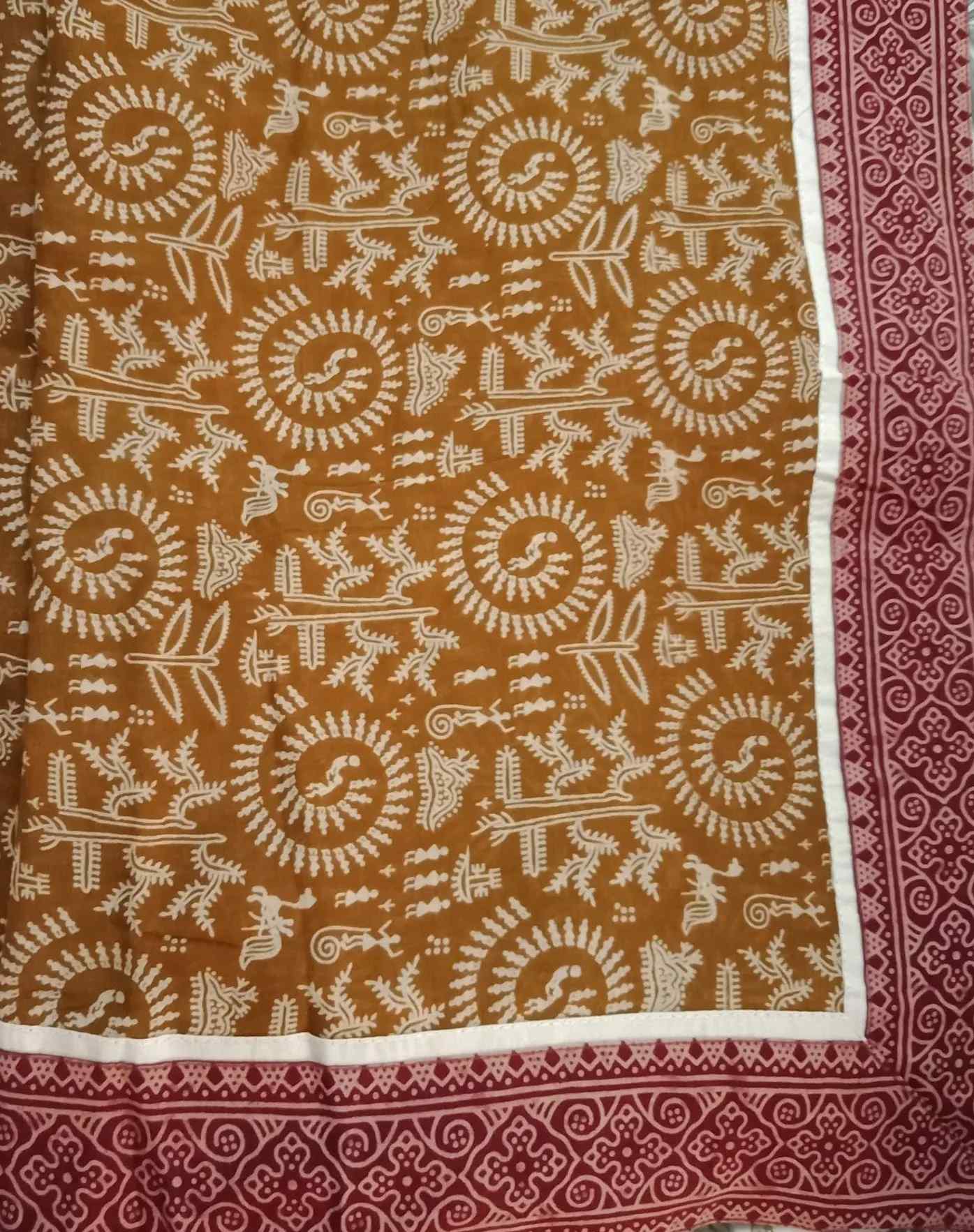 Mustard Yellow Warli Hand Block Print Mulmul Saree