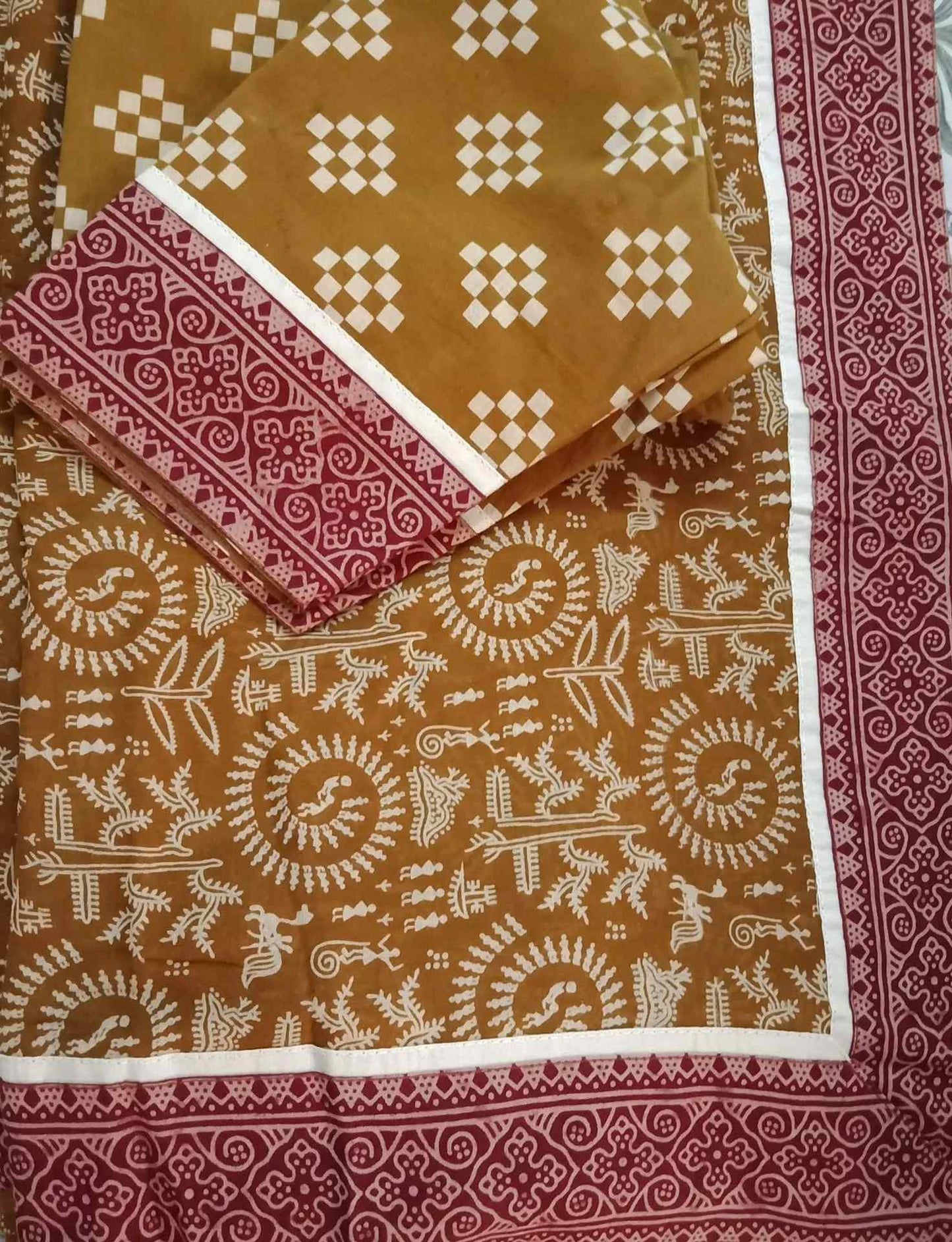 Mustard Yellow Warli Hand Block Print Mulmul Saree