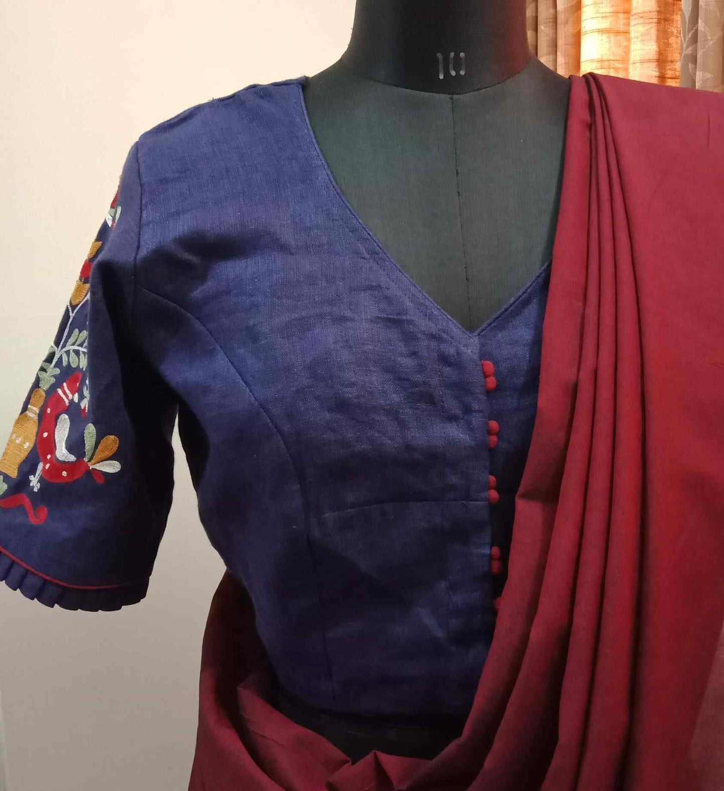 Navy Blue Embroidered Flex Cotton Blouse
