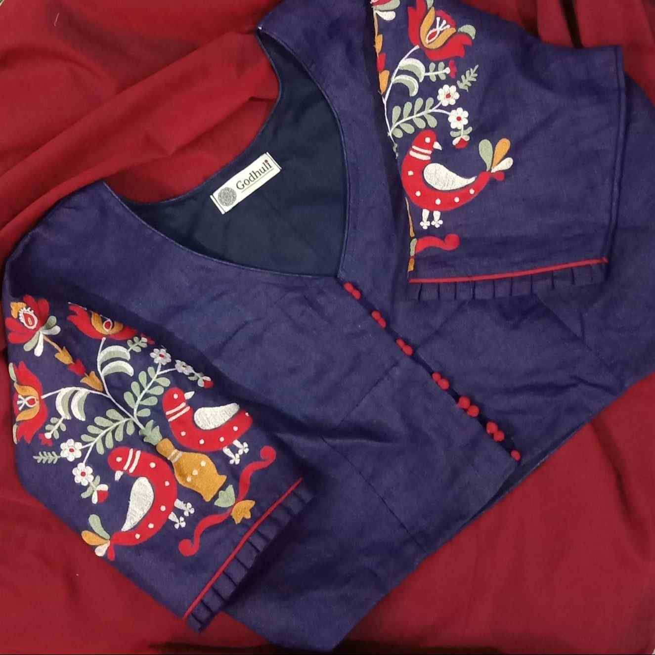 Buy Navy Blue Embroidered Flex Cotton Blouse | Godhuli