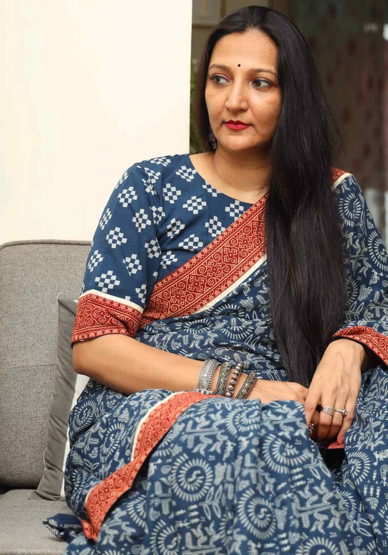 Navy Blue Warli Hand Block Print Mulmul Saree