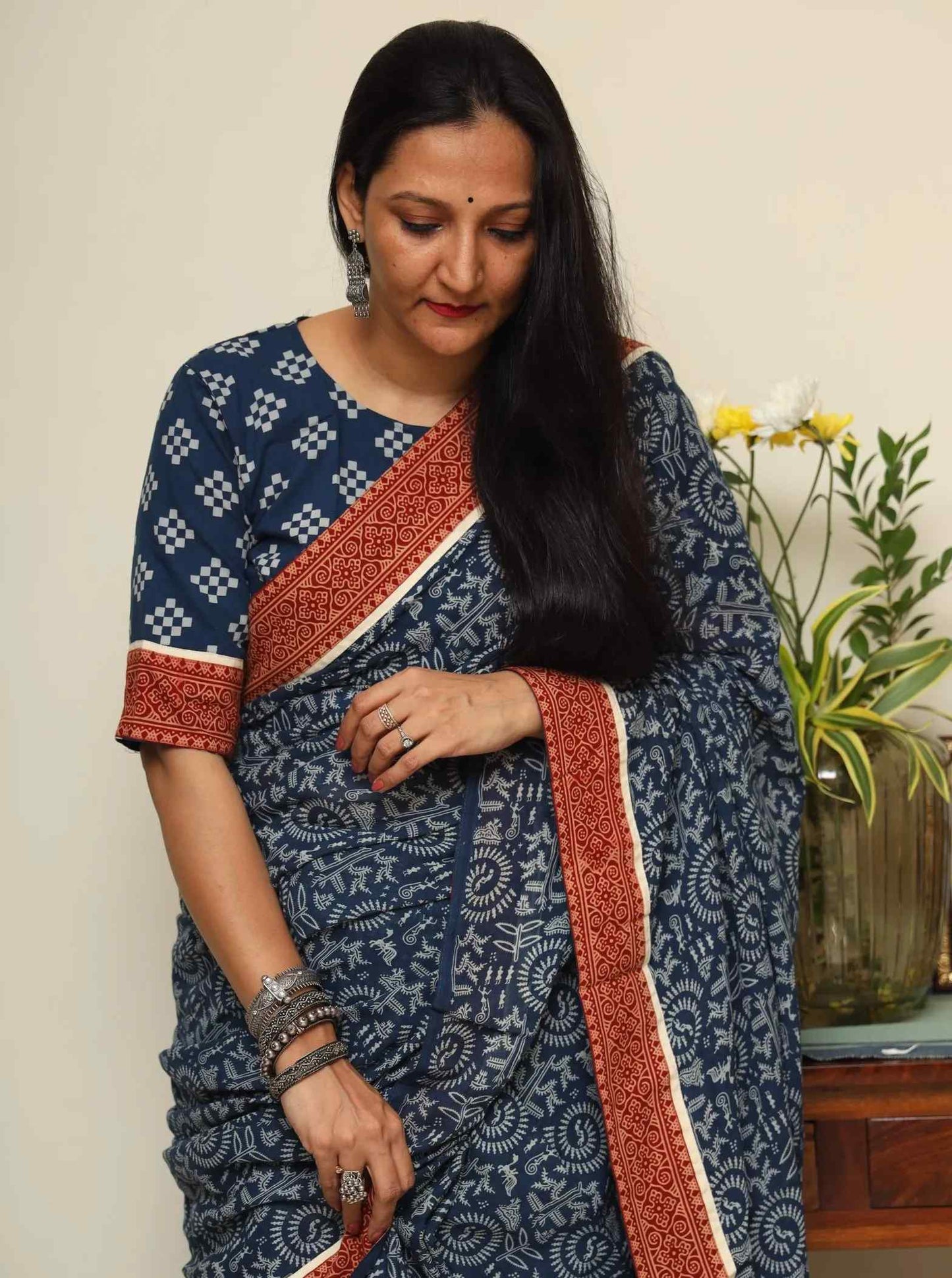 Navy Blue Warli Hand Block Print Mulmul Saree