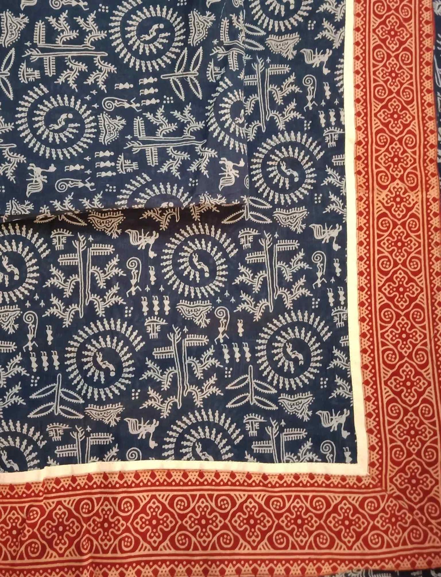 Navy Blue Warli Hand Block Print Mulmul Saree