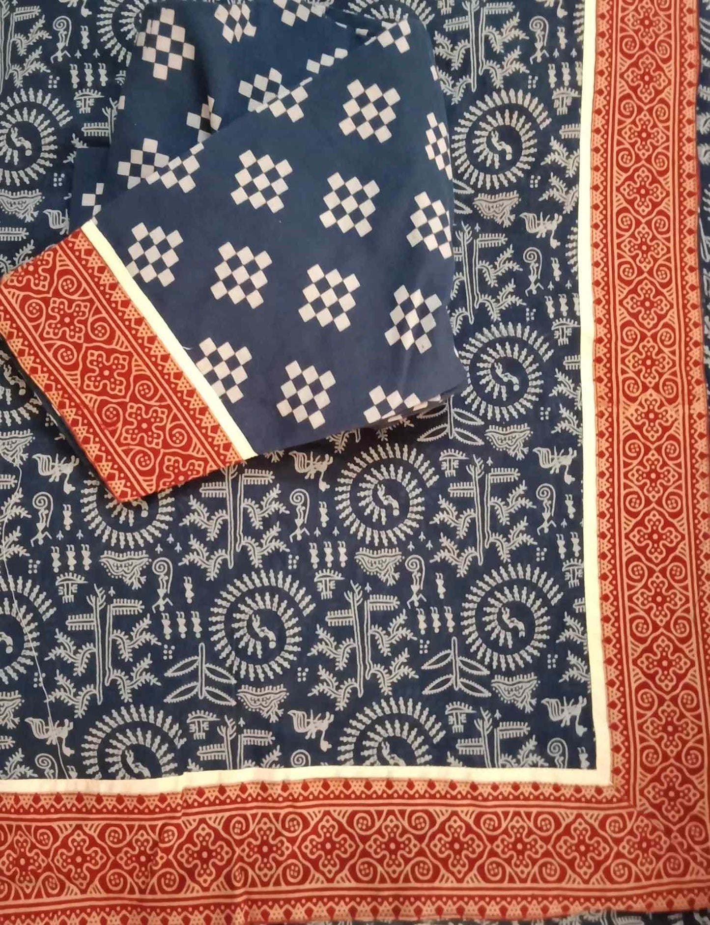 Navy Blue Warli Hand Block Print Mulmul Saree