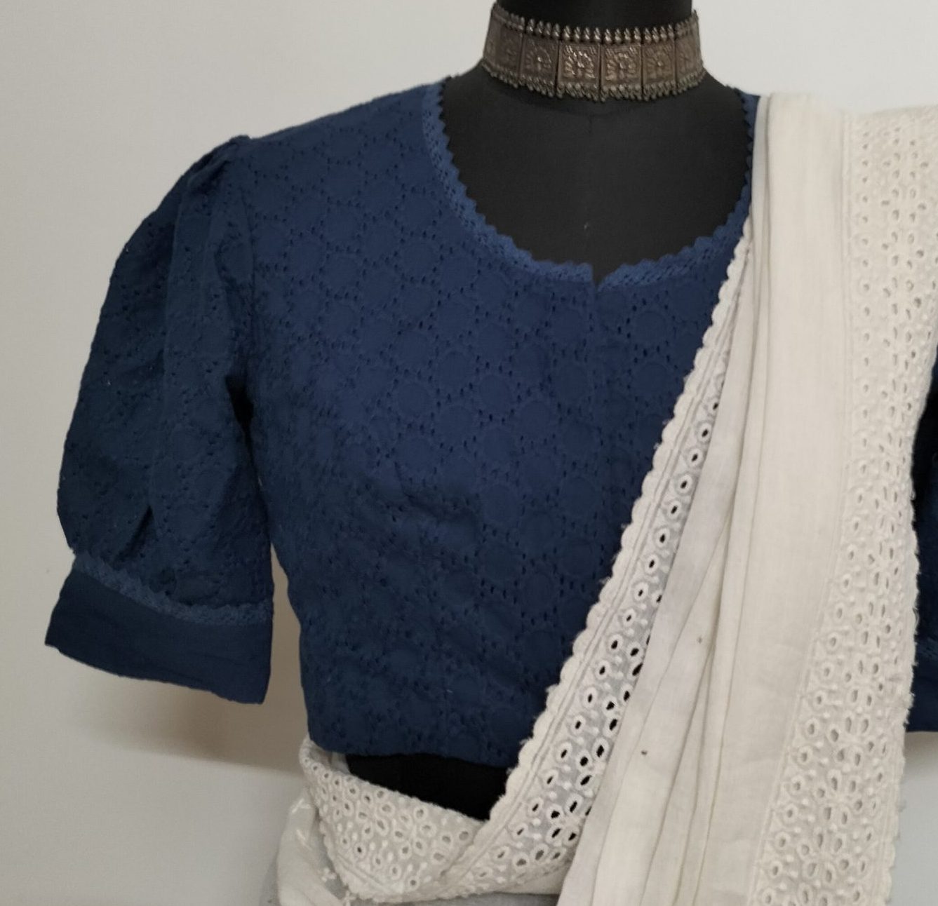 Navy Blue Cut Work Blouse with Puff Sleeves