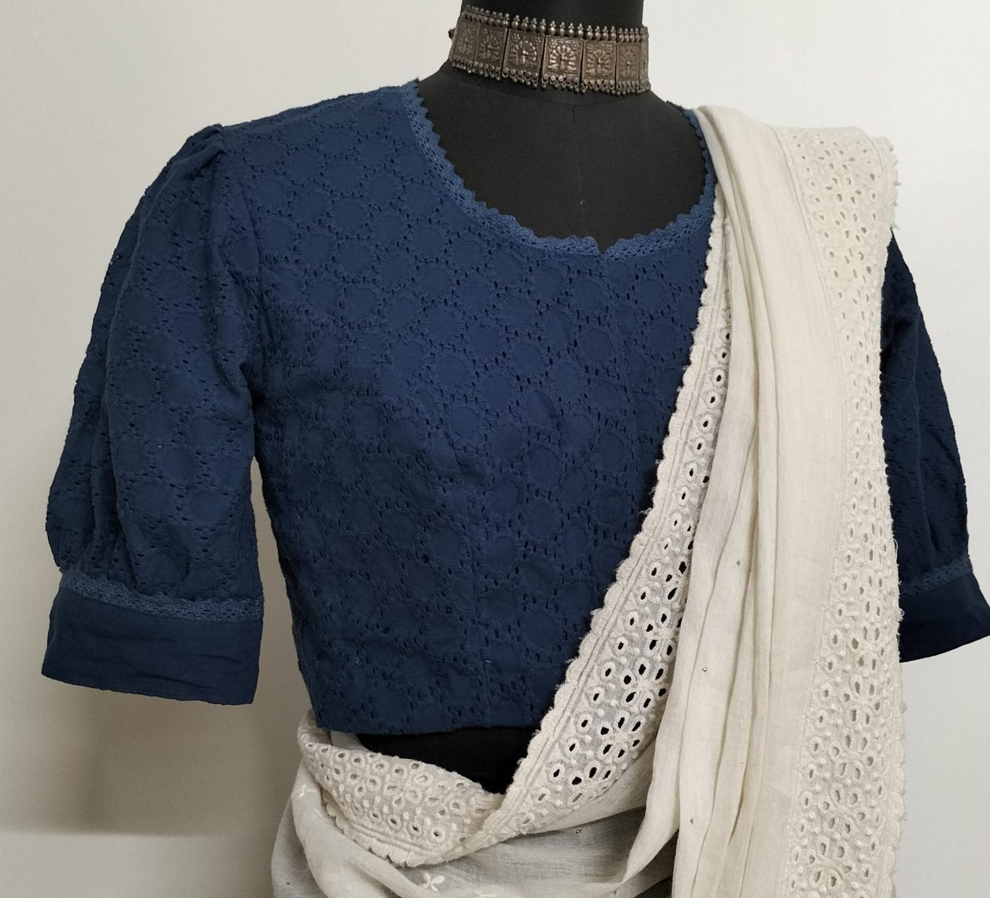 Navy Blue Cut Work Blouse with Puff Sleeves
