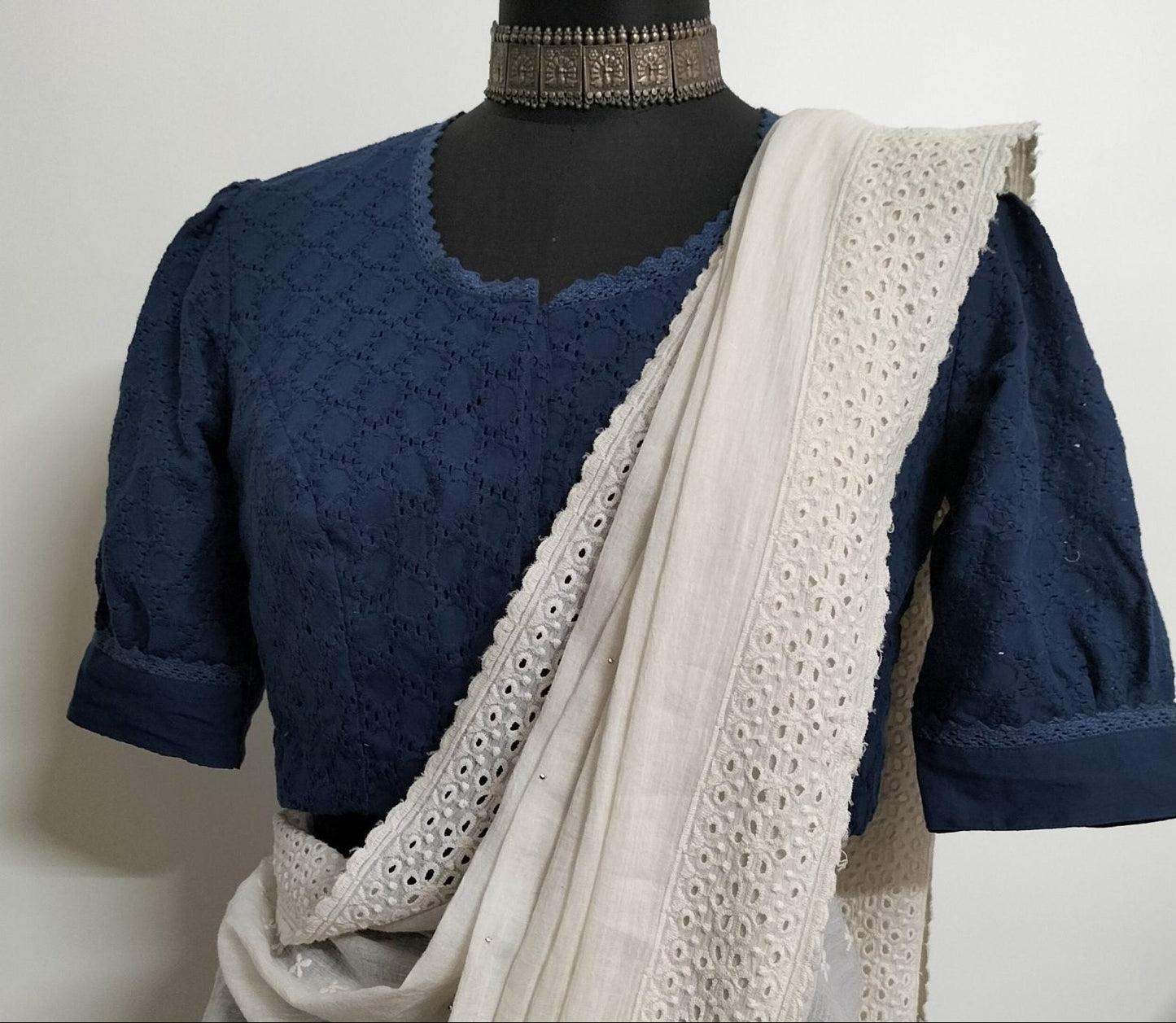 Navy Blue Cut Work Blouse with Puff Sleeves