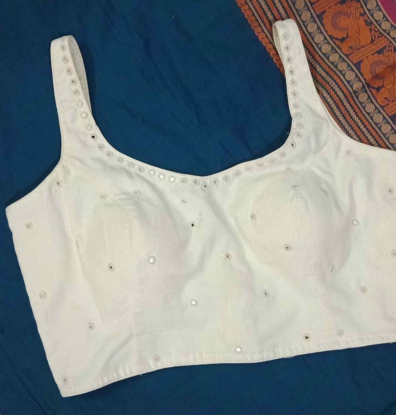 Off White Sleeveless Mirrorwork Blouse