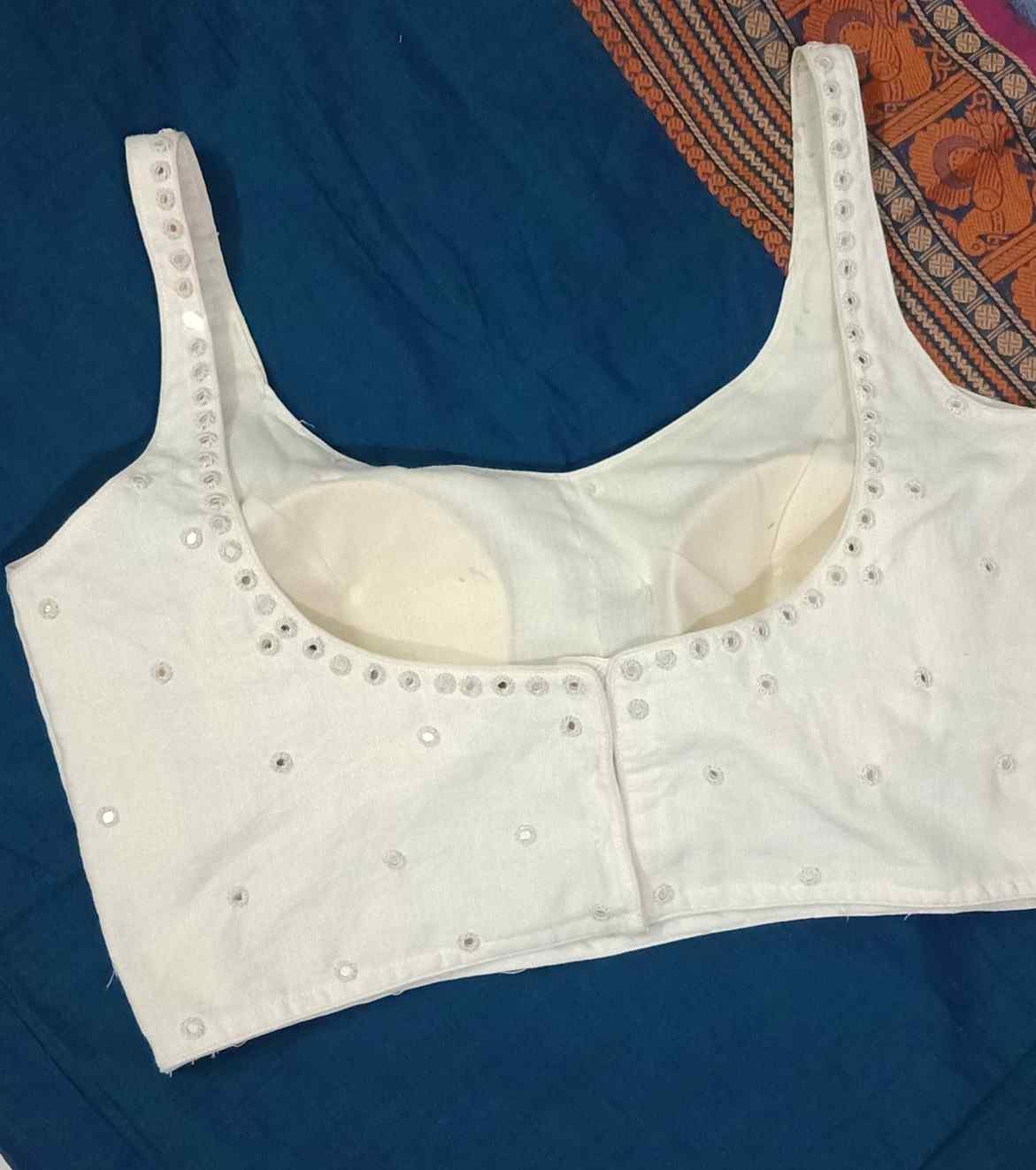 Off White Sleeveless Mirrorwork Blouse