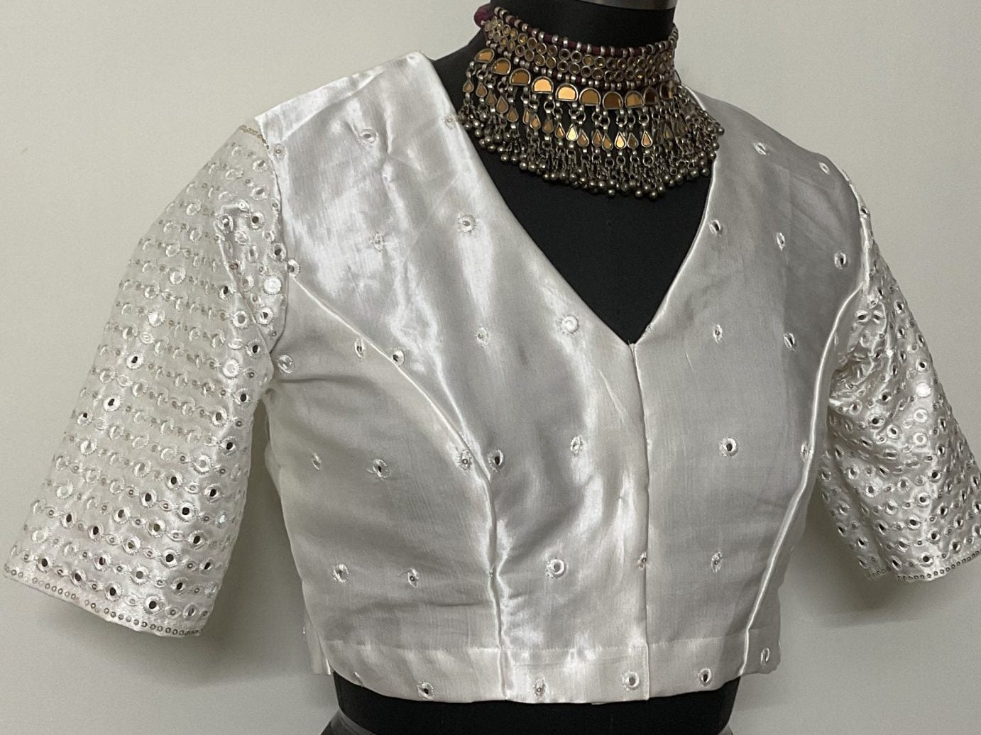 Off White Faux Mirrorwork Gaji Silk Blouse