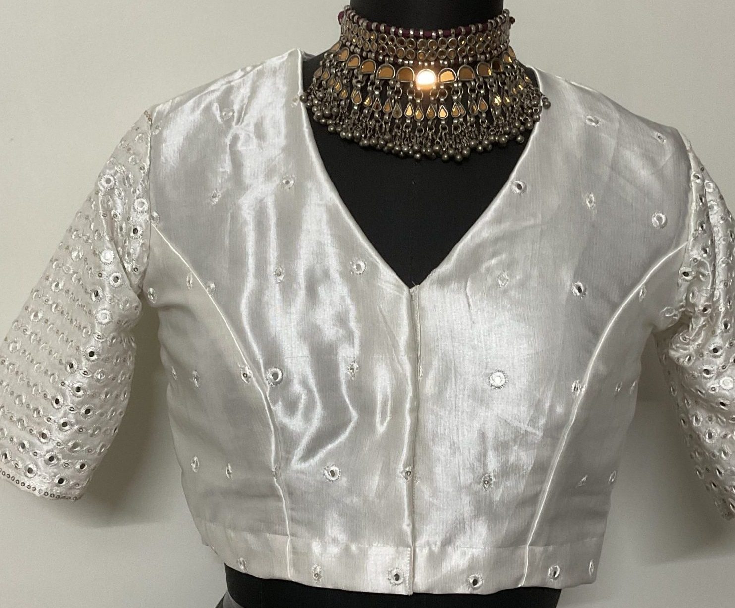 Off White Faux Mirrorwork Gaji Silk Blouse