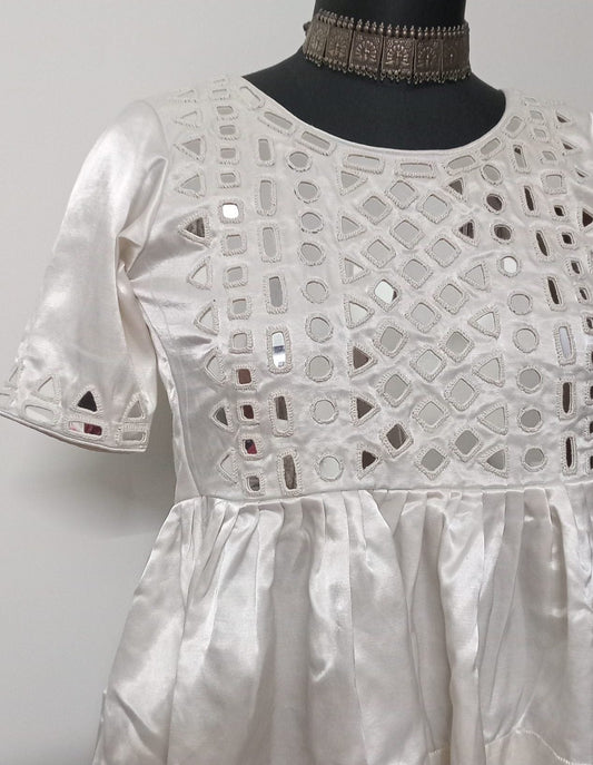 Off White Gaji Silk Peplum Mirrorwork Kurti