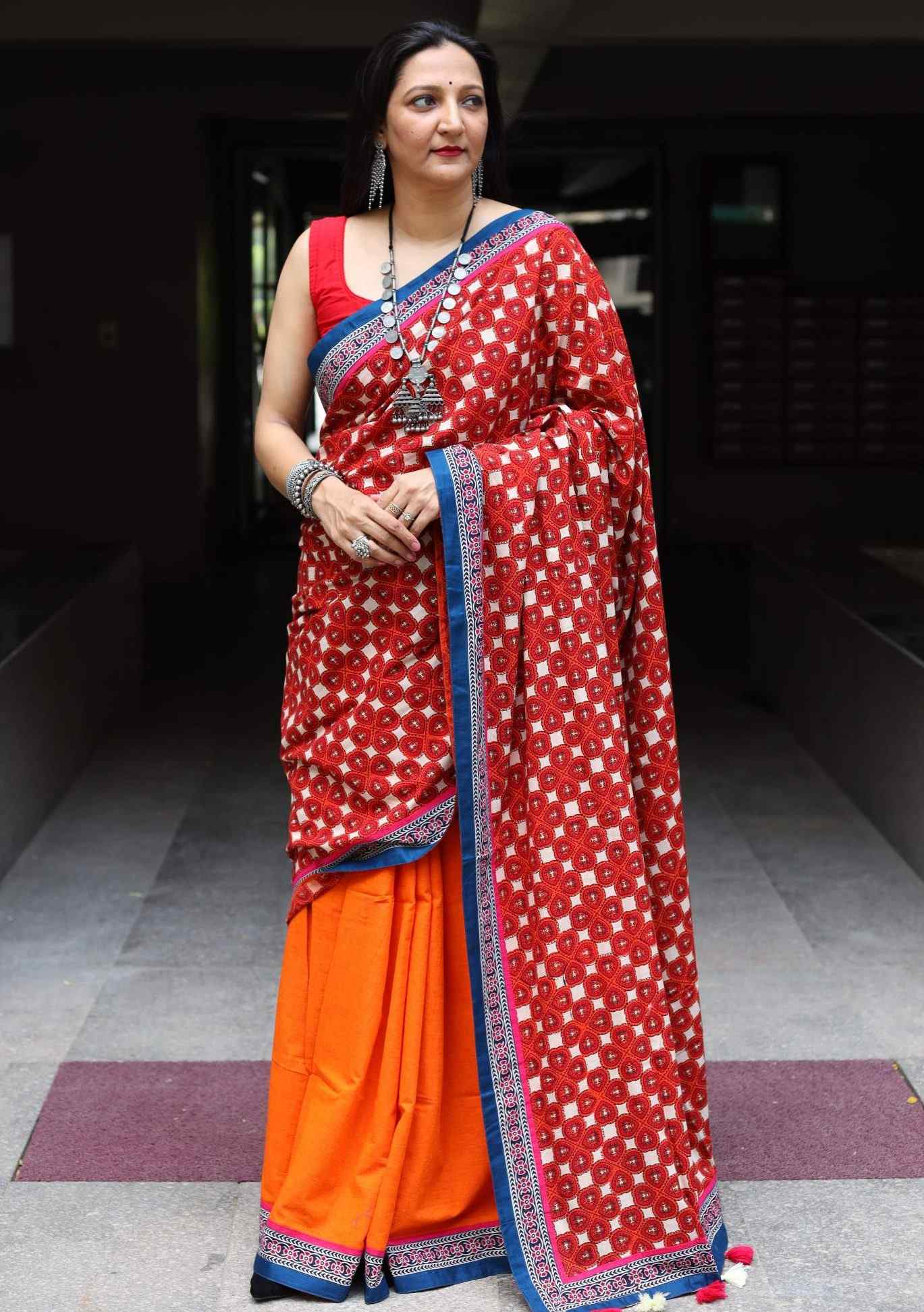 Orange half and half saree with Printed Pallu