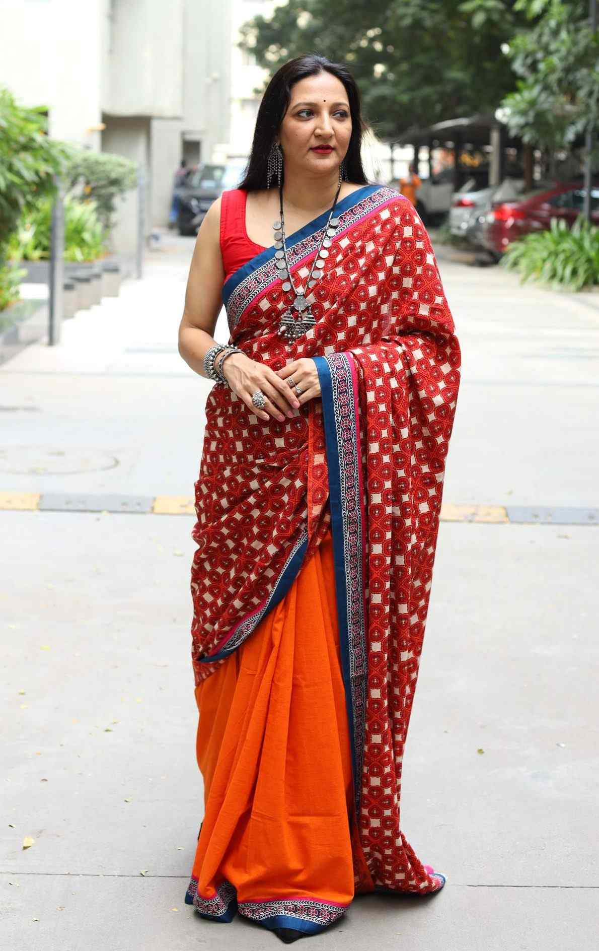 Orange half and half saree with Printed Pallu