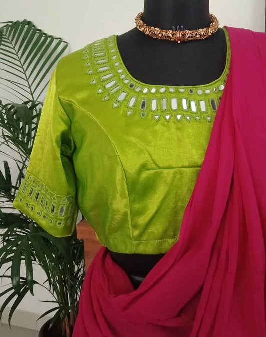 Parrot Green Gaji Silk Mirrorwork Blouse