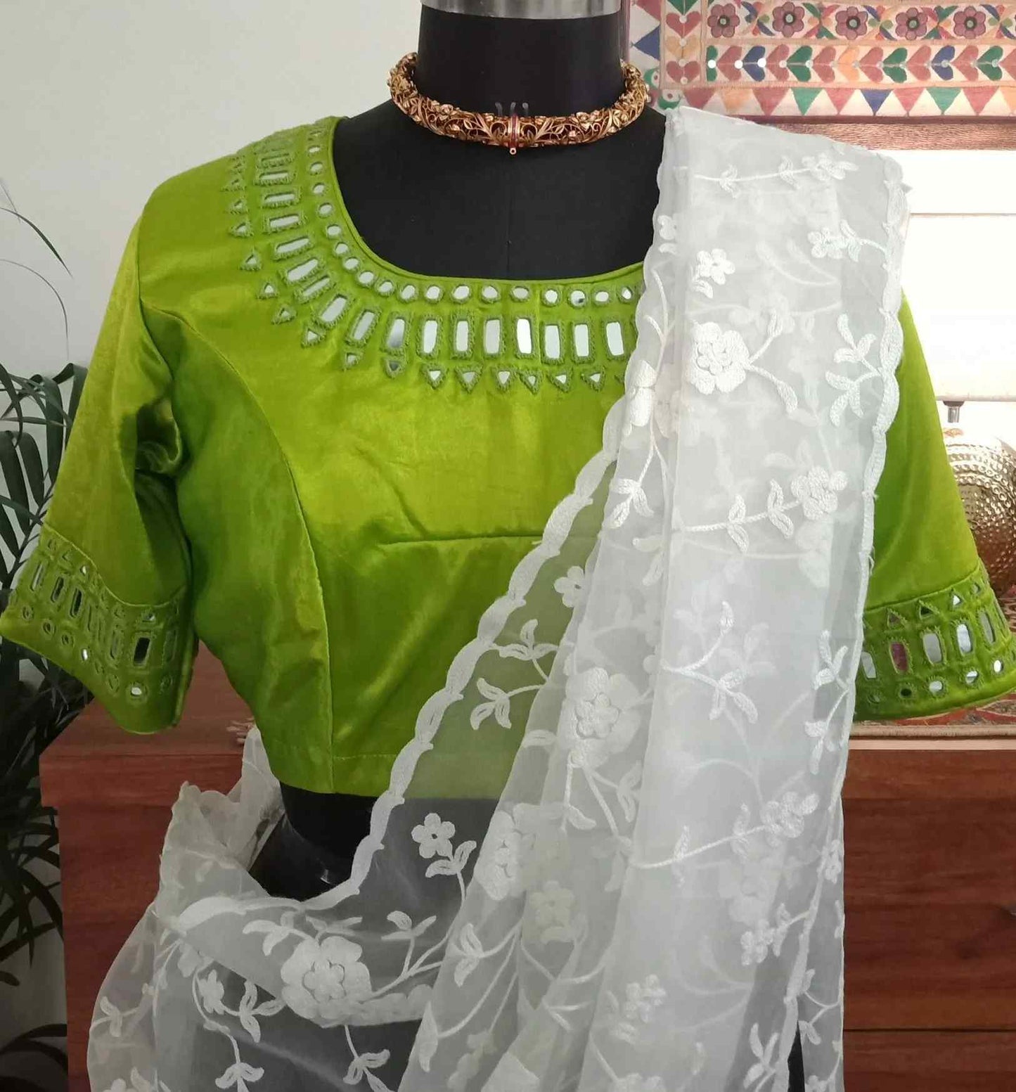 Parrot Green Gaji Silk Mirrorwork Blouse