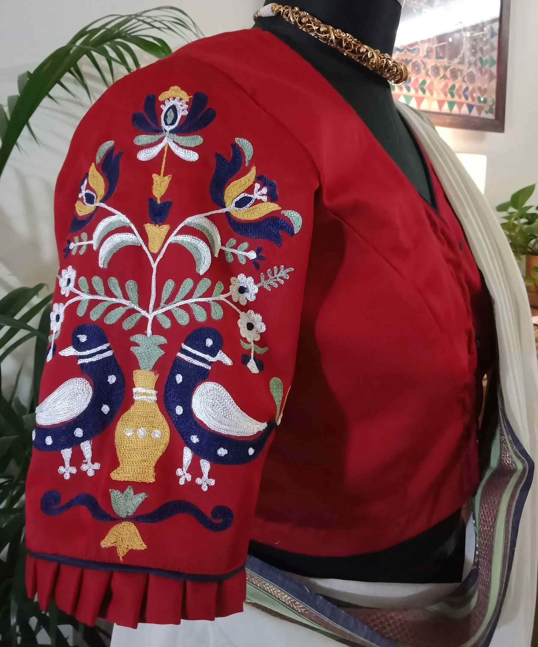 Red Cotton Blouse with Embroidered Sleeves